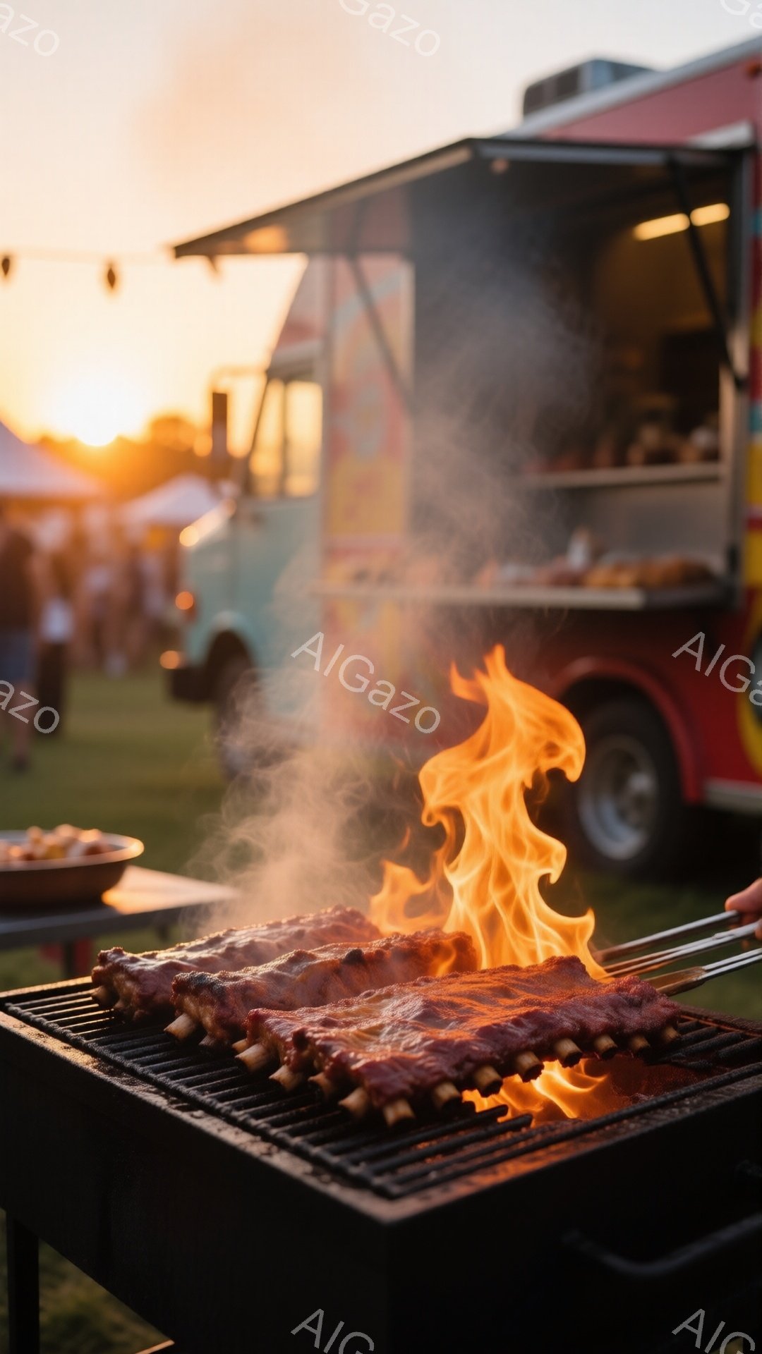 熱い炎が豚のスペアリブにかかっている様子が写っている。背景には、夕焼け空の下、カラフルなフードトラックが並び、緑の芝生が広がっている。全体的に暖かく、活気のある雰囲気で、屋外イベントやフェスティバルの - AI生成フリー素材