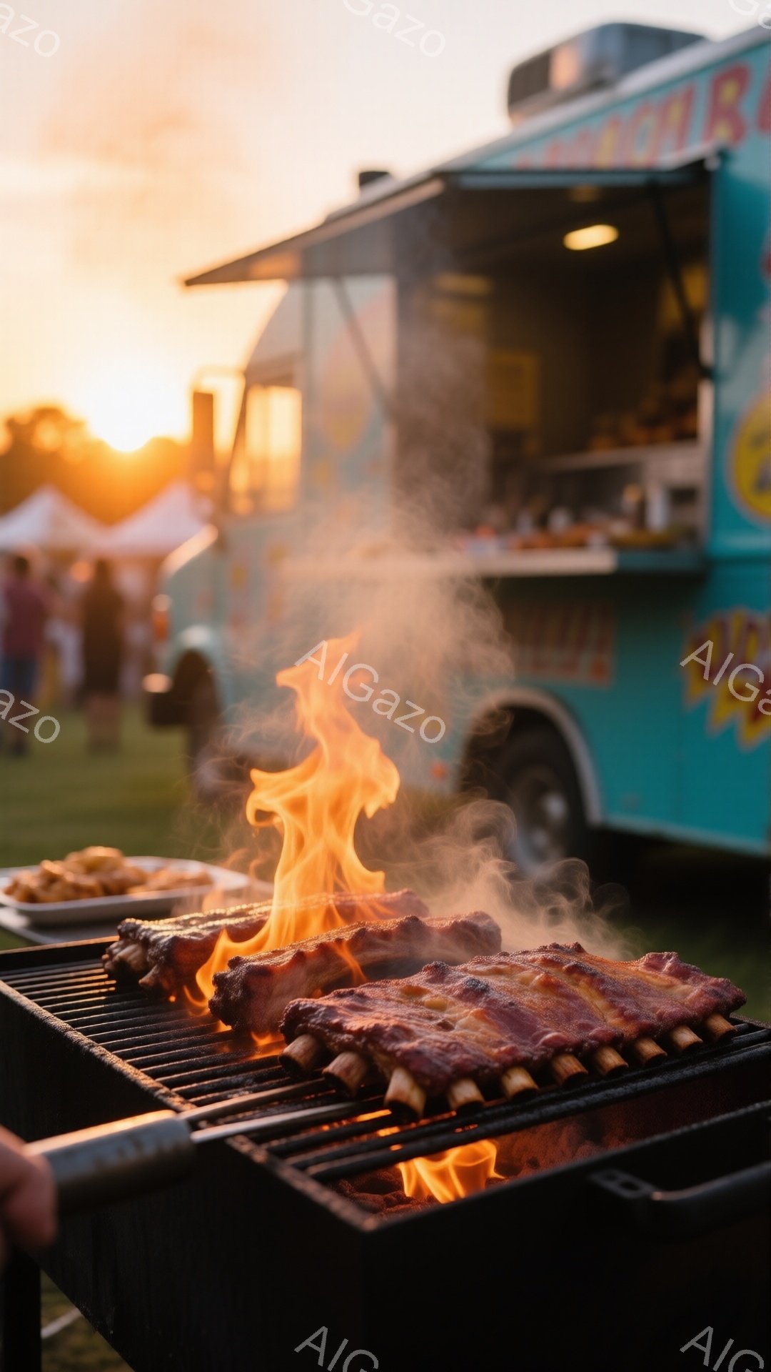 燃え盛る炎に照らされた豚スペアリブが鉄製のグリル網の上で調理されている様子が捉えられています。背景には、鮮やかな水色のキャンピングカーや、夕焼けに照らされた緑の芝生、そしてぼんやりとした人影が見え、活 - AI生成フリー素材