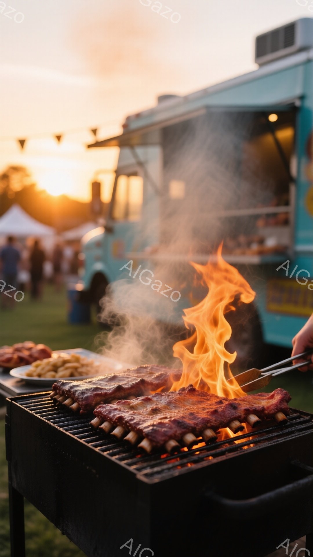 鮮やかなオレンジ色の炎が、網の上で焼かれるリブに燃え盛っている様子が捉えられています。背景には青い屋台や緑の芝生、そして夕焼け空が広がり、活気のある野外イベントの雰囲気を感じさせます。煙が立ち込め、美味しそうな香りが漂ってきそうな、食欲をそそる光景です。