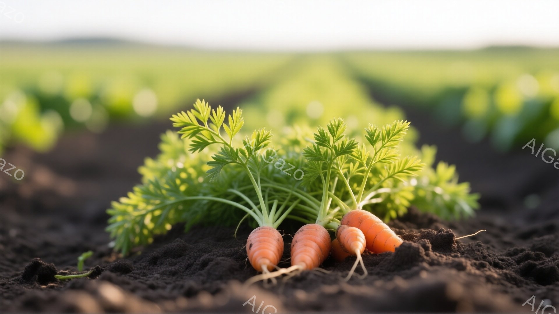 土の中から、オレンジ色のニンジンが数本生えている様子が写っている。鮮やかな緑色の葉が茂り、土壌の黒色とのコントラストが美しい。背景には、ぼやけた緑色の畑が広がり、日中の穏やかな光が差し込んでいる。 - AI生成フリー素材