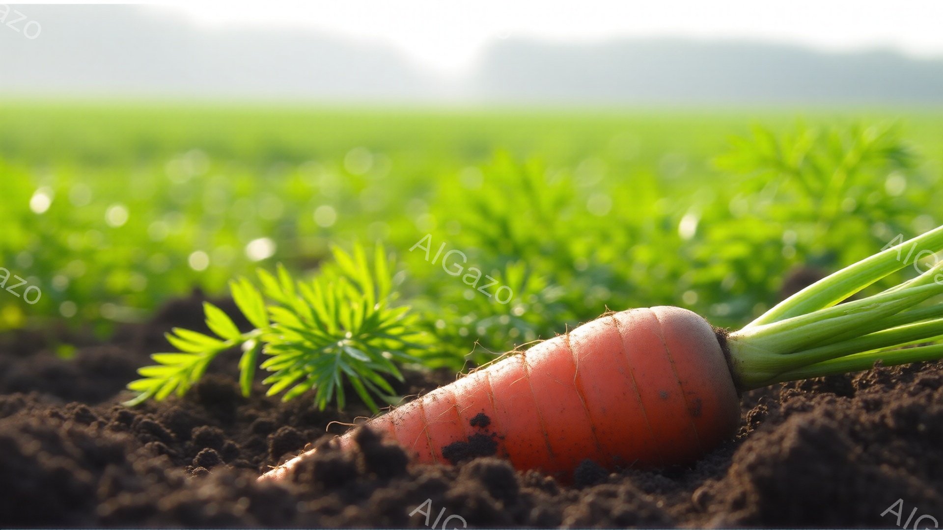 鮮やかなオレンジ色のニンジンが、黒土の中に半分埋もれている様子が写っている。ニンジンは緑色の葉を数本生やしており、土の表面には細かい土の粒子が散らばっている。背景には、緑豊かな畑が広がり、柔らかな光が差し込んでいるため、新鮮で自然な雰囲気が漂っている。