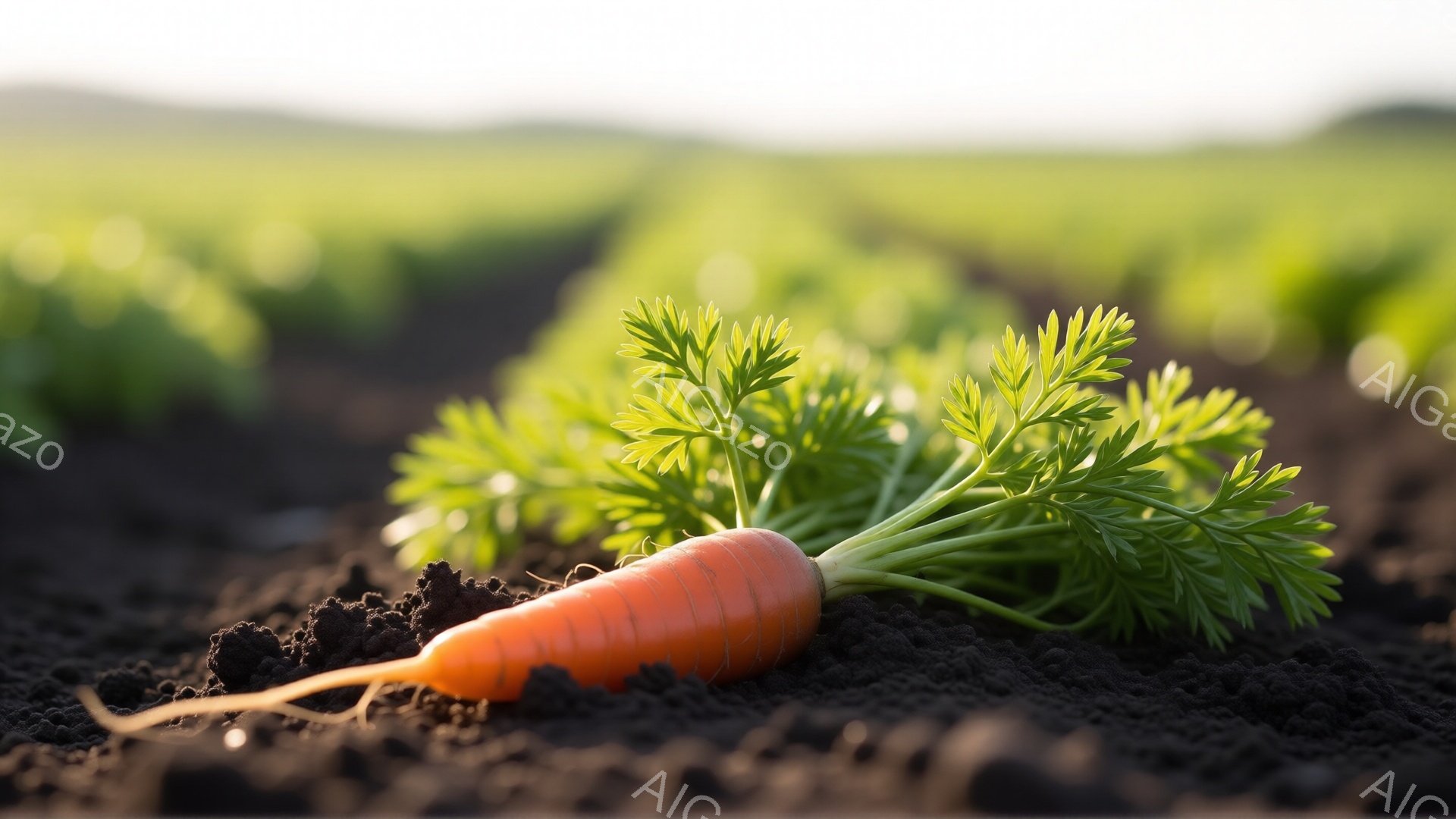 土の中から一本のニンジンが顔を覗かせています。鮮やかなオレンジ色が土の暗さと対照的で、緑色の葉が瑞々しさを加えています。背景には、畑が広がり、柔らかな光が差し込み、穏やかで自然な雰囲気を醸し出していま - AI生成フリー素材