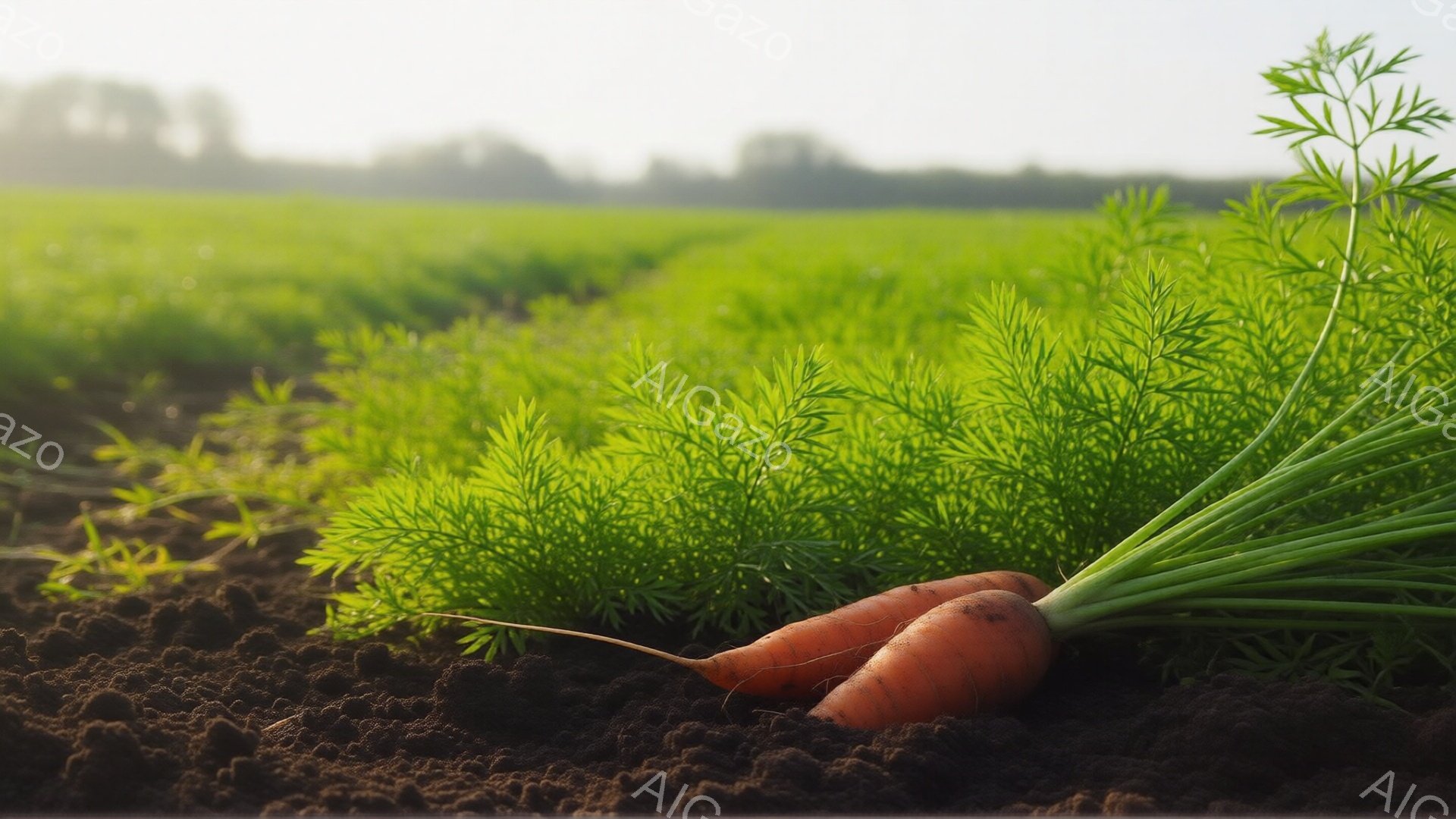 畑の土の中に、オレンジ色のニンジンが二本、緑色の葉と根を広げて生えている様子が写っている。背景には、整然と並んだ畑が広がり、遠くにはぼんやりとした風景が広がる、明るく穏やかな雰囲気の農地の光景である。土の質感や葉の鮮やかさが強調されており、収穫の喜びを予感させる。