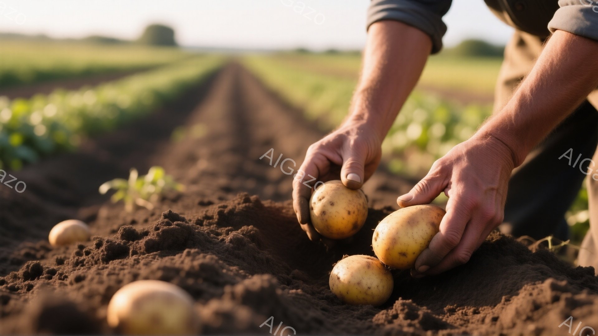 土壌の中に収穫されたばかりのジャガイモが数個並んでいる、農家の手の写真です。手は土で少し汚れており、畑の畝が遠くまで続いています。背景には緑色の植物が生い茂り、空は晴れており、収穫の喜びと豊かな自然を感じさせる穏やかな雰囲気です。