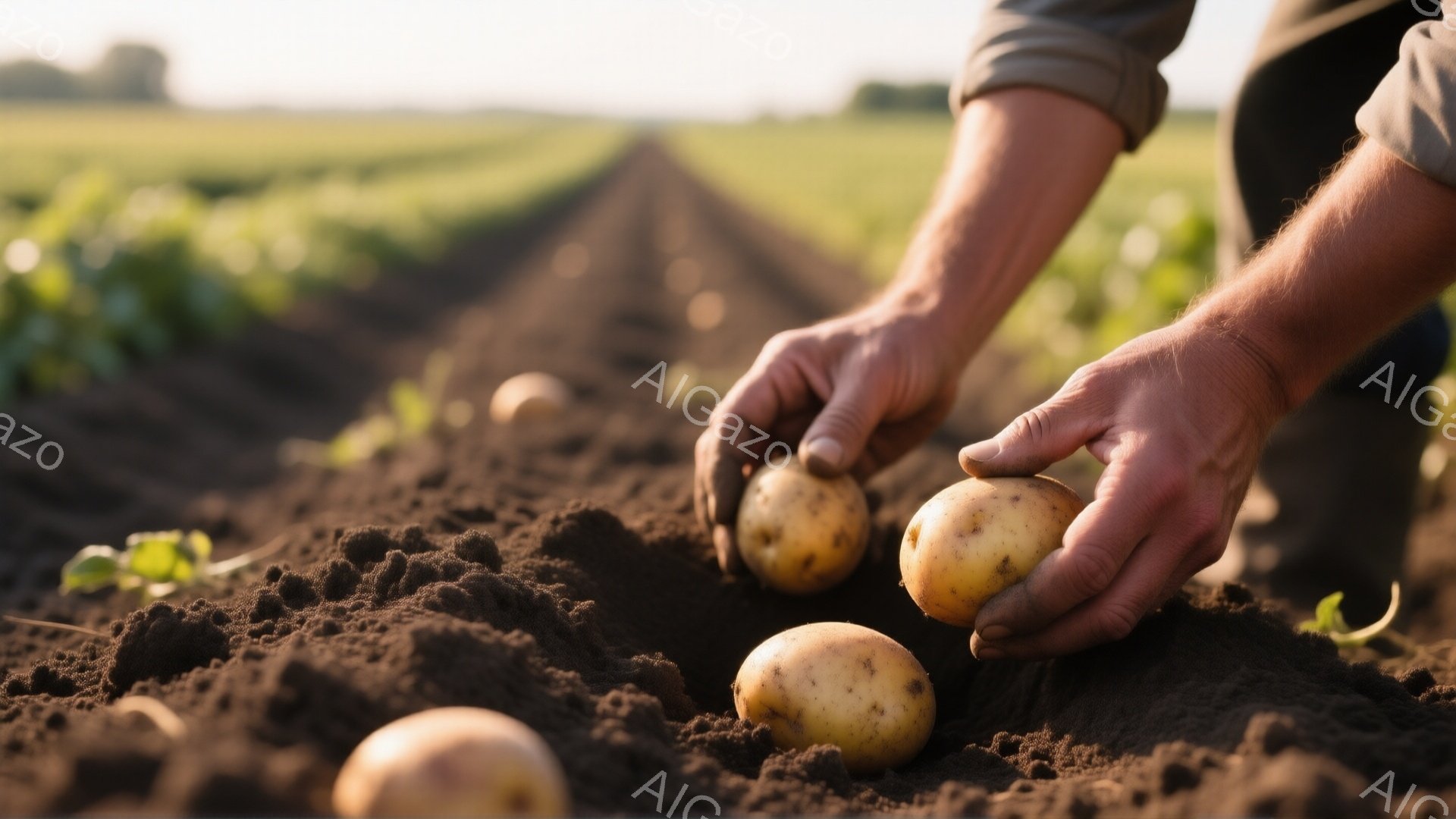 肥沃な土壌に収穫されたばかりのジャガイモがいくつか並べられています。作業員の手は、土の中から引き抜かれたばかりのジャガイモを握っており、収穫の喜びが伝わってきます。背景には畝が続き、緑豊かな自然が広がり、穏やかで平和な雰囲気を醸し出しています。