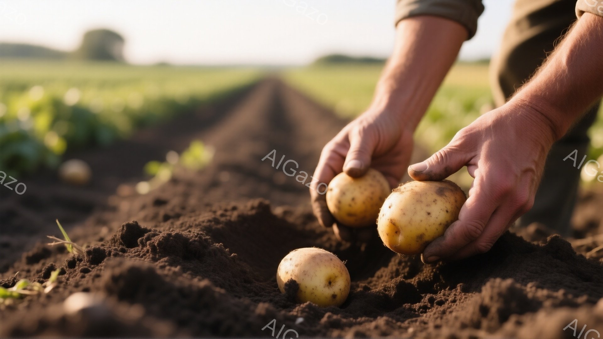 土壌の中にジャガイモを植える手元が写っている。土は暗く肥沃で、遠景には畑が広がり、緑色の植物が規則的に並んでいる。全体的に暖かく穏やかな雰囲気で、農業や収穫の喜びを感じさせる。