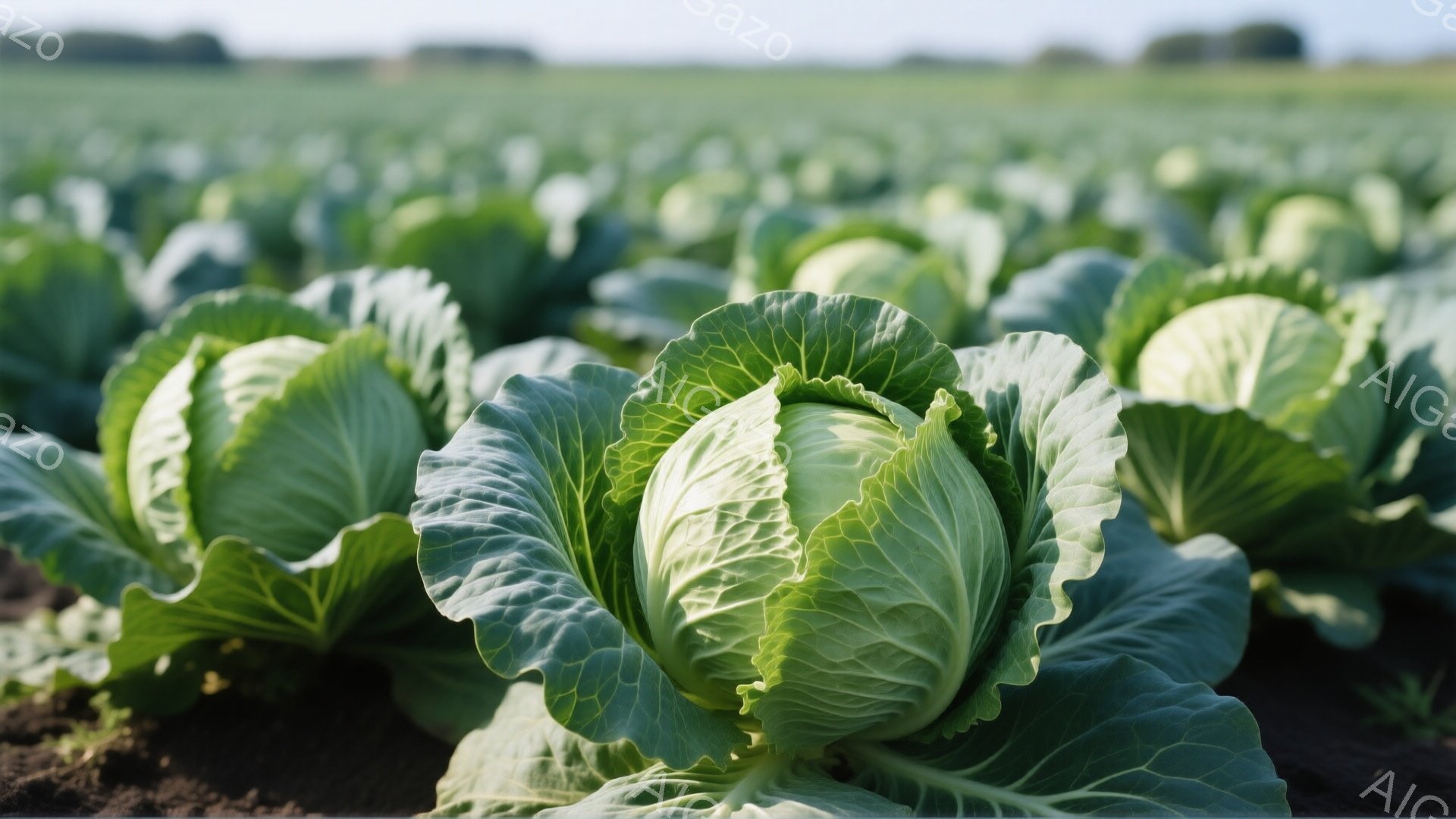 鮮やかな緑色のキャベツ畑が広がり、葉が密集して土壌を覆っている。前景には大きく成長したキャベツがいくつかあり、葉脈がはっきりと見える。背景は緑色で遠くまで続き、穏やかな天候で農業風景が広がっている。
