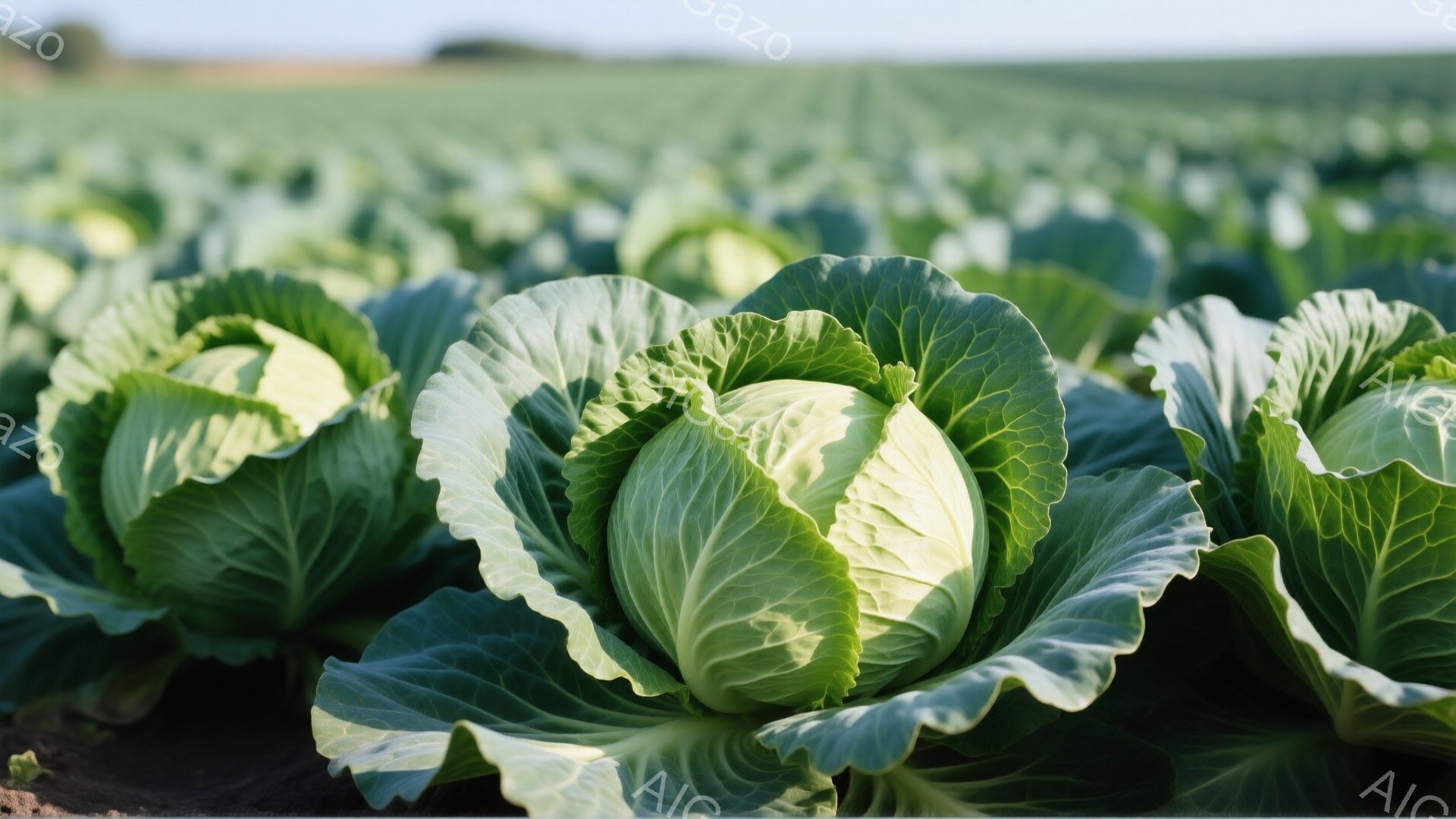 広大な畑でキャベツが密集して生えている様子が写っている。キャベツは鮮やかな緑色で、葉脈がはっきりと見え、みずみずしい。背景には、遠くに見える地形と、晴天の下で穏やかな光が差し込む空が広がっている。 - AI生成フリー素材