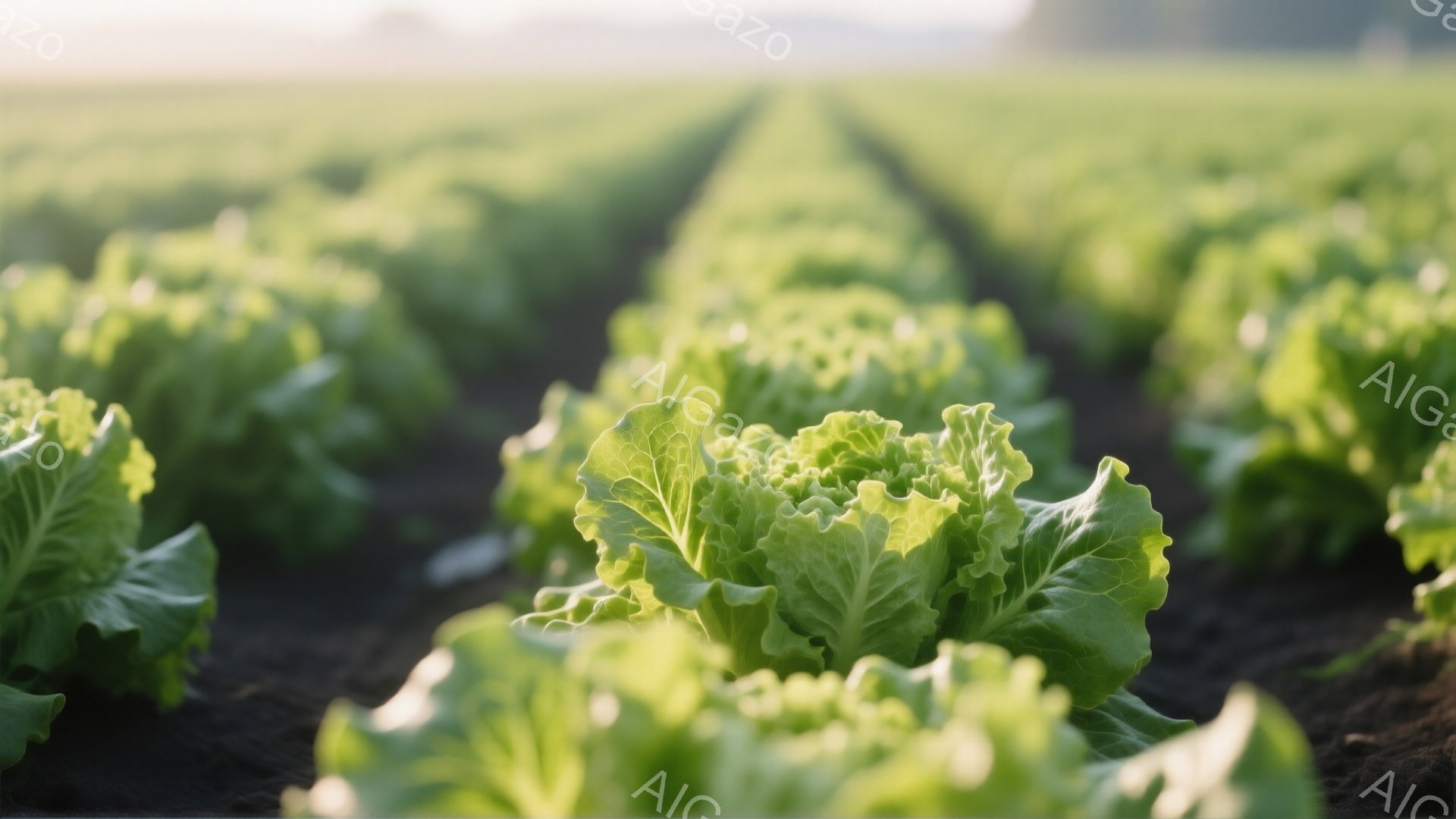 広大な畑に緑色のレタスが整然と並んでいます。土は黒く、レタスの鮮やかな緑とのコントラストが印象的です。背景はぼやけており、柔らかい光が全体を包み込み、穏やかな雰囲気を醸し出しています。 - AI生成フリー素材