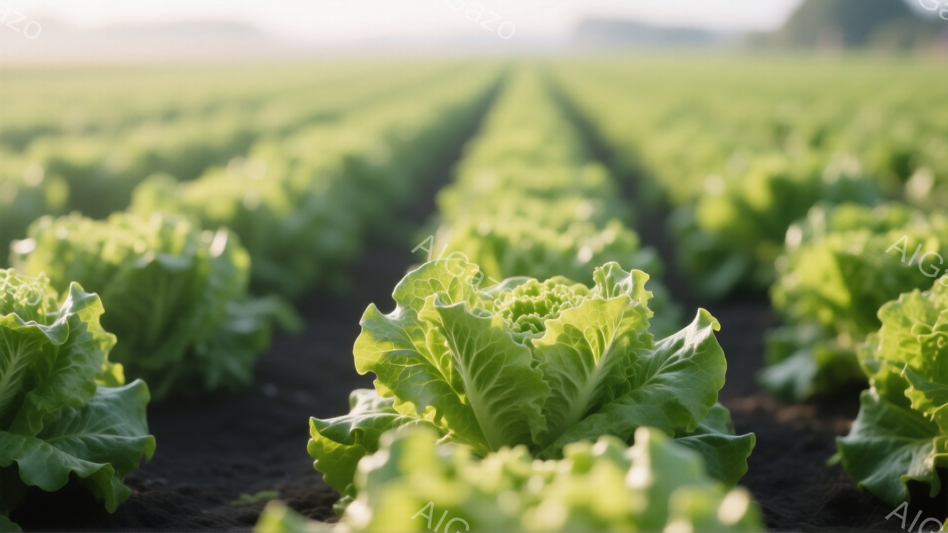 鮮やかな緑色のレタス畑が広がり、規則正しく整列した葉が視線を遠くまで引く。土の色は黒く、レタスの緑色と鮮明なコントラストを描き出している。背景はぼやけており、日の光が柔らかく差し込み、穏やかで平和な雰 - AI生成フリー素材