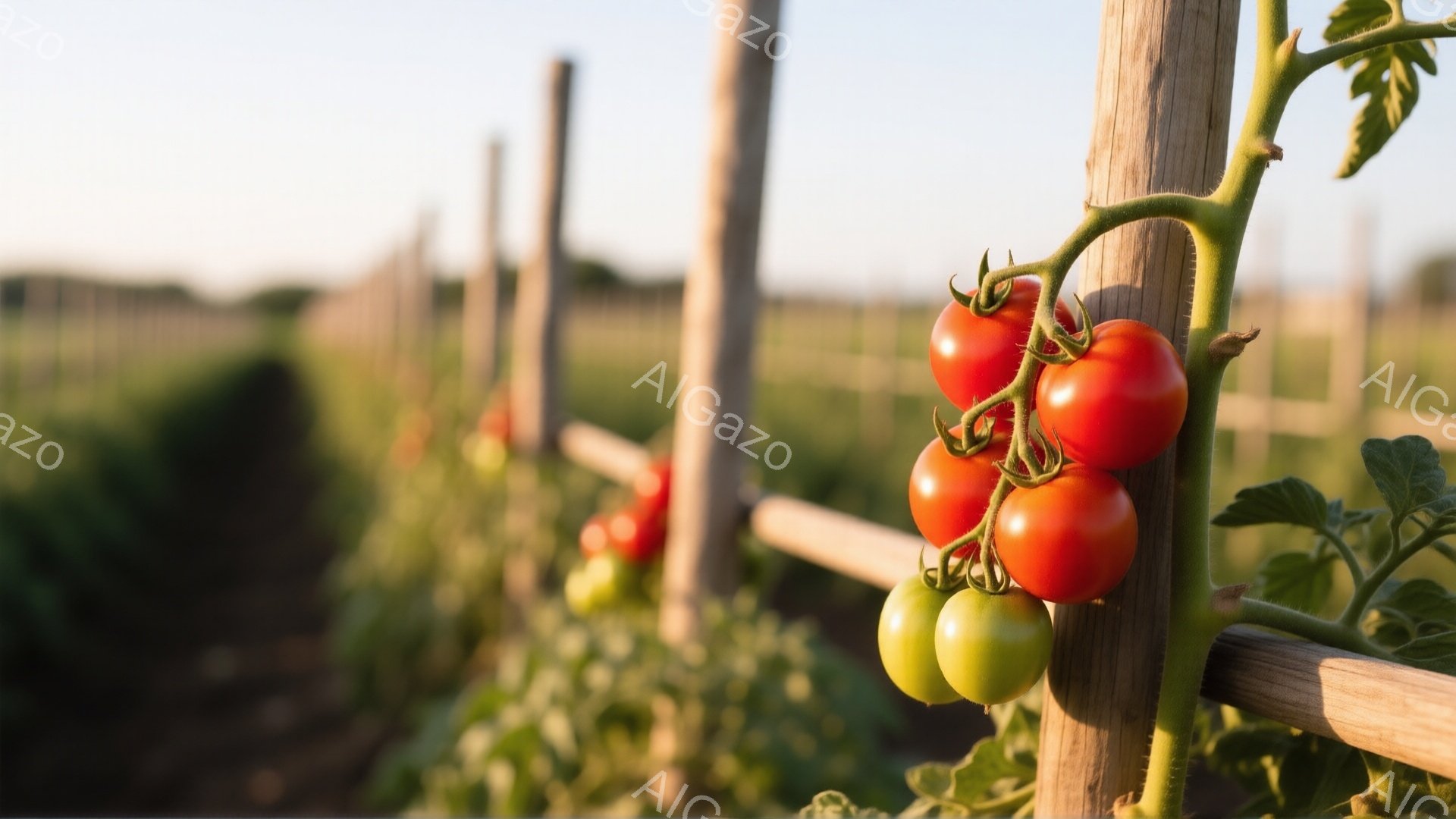 赤く熟したトマトが茎に実り、緑色の未熟なトマトと共に木の柱に沿って並んでいる。背景には畝が並び、遠くにはぼんやりとした畑が広がり、穏やかな日差しが差し込んでいる。全体的に、自然の恵みと静けさを感じさせ - AI生成フリー素材