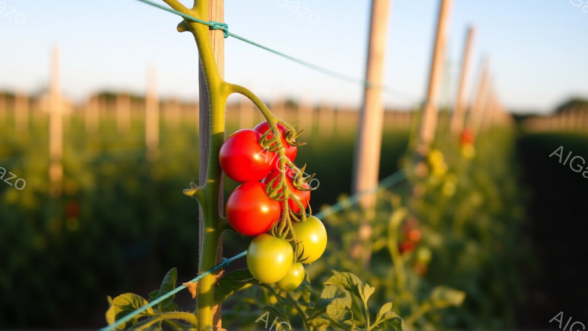 鮮やかな赤と緑のミニトマトが、茎に実っている様子が捉えられています。背景には、整然と並んだ支柱と緑豊かな植物が広がり、晴天の下、穏やかな農園の雰囲気が漂っています。トマトは太陽の光を浴びて輝き、収穫の - AI生成フリー素材