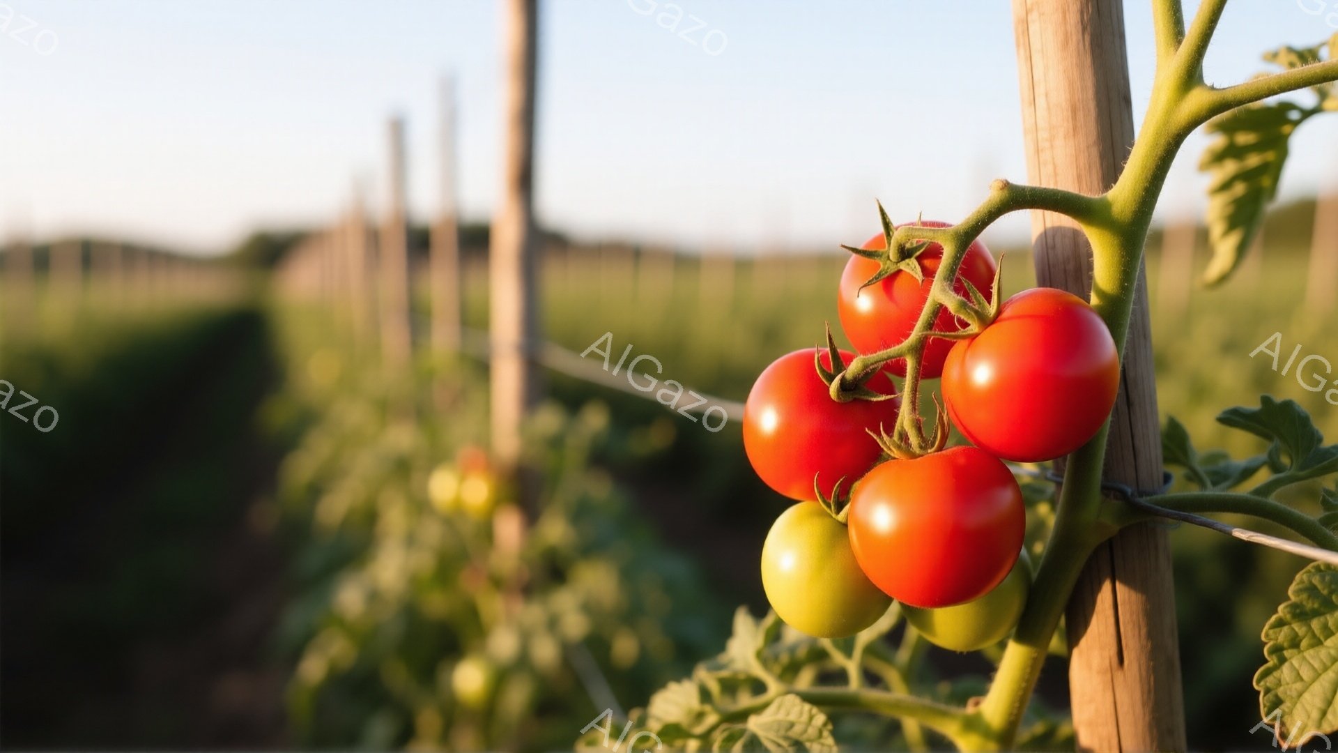 画像には、トマトの房が木製の支柱に絡みつき、いくつかの赤いトマトと緑色の未熟なトマトが写っている。背景には、整然と並んだトマト畑が広がり、遠くには緑豊かな田園風景が広がっている。全体的に、穏やかで自然 - AI生成フリー素材