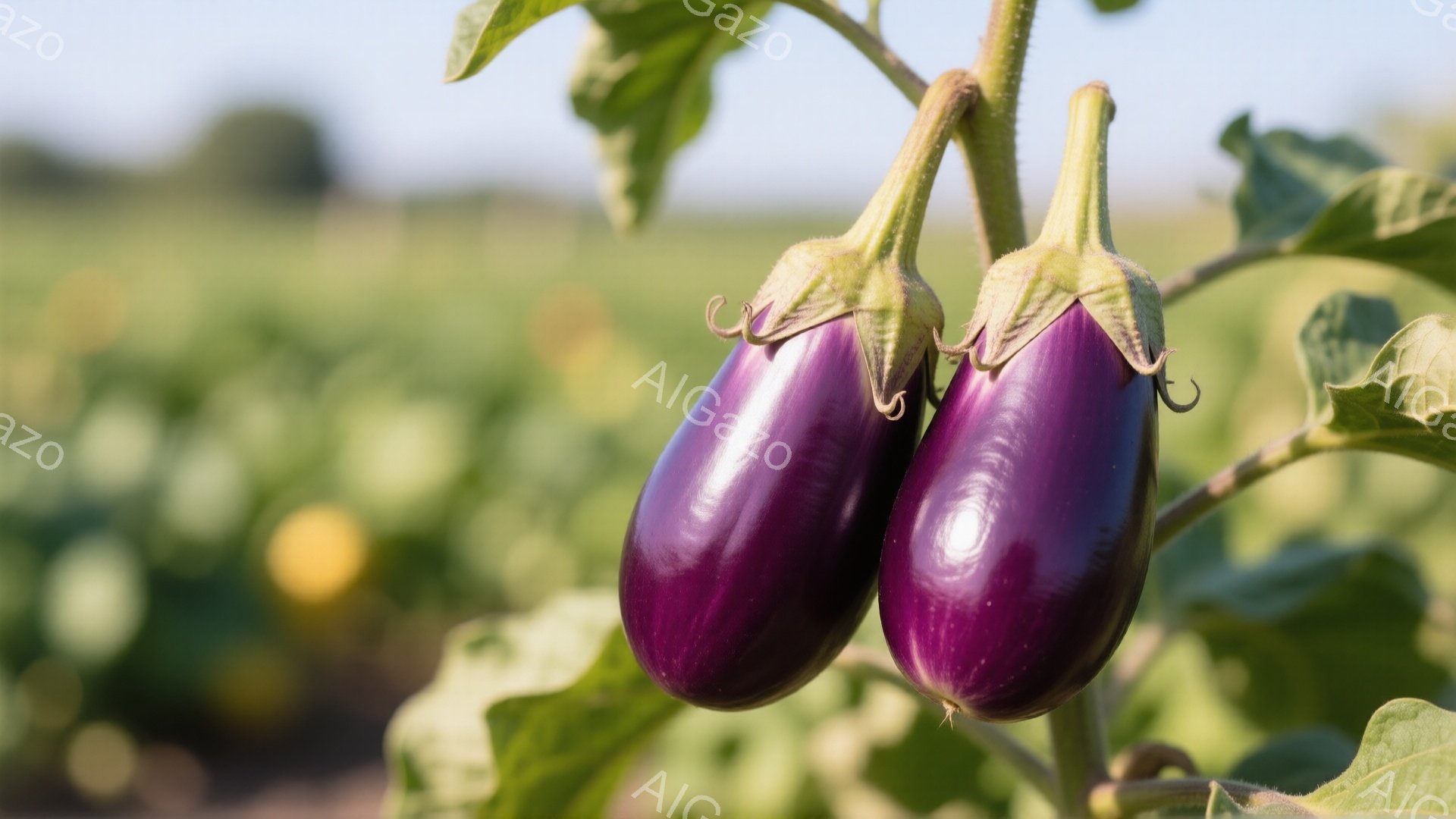 深い紫色のナスが二つ、緑色の茎と葉にぶら下がっている。背景には、ぼやけた緑色の畑が広がり、晴れた日の穏やかな光が差し込んでいる。全体的に、自然の恵みを感じさせる、落ち着いた雰囲気の写真である。 - AI生成フリー素材
