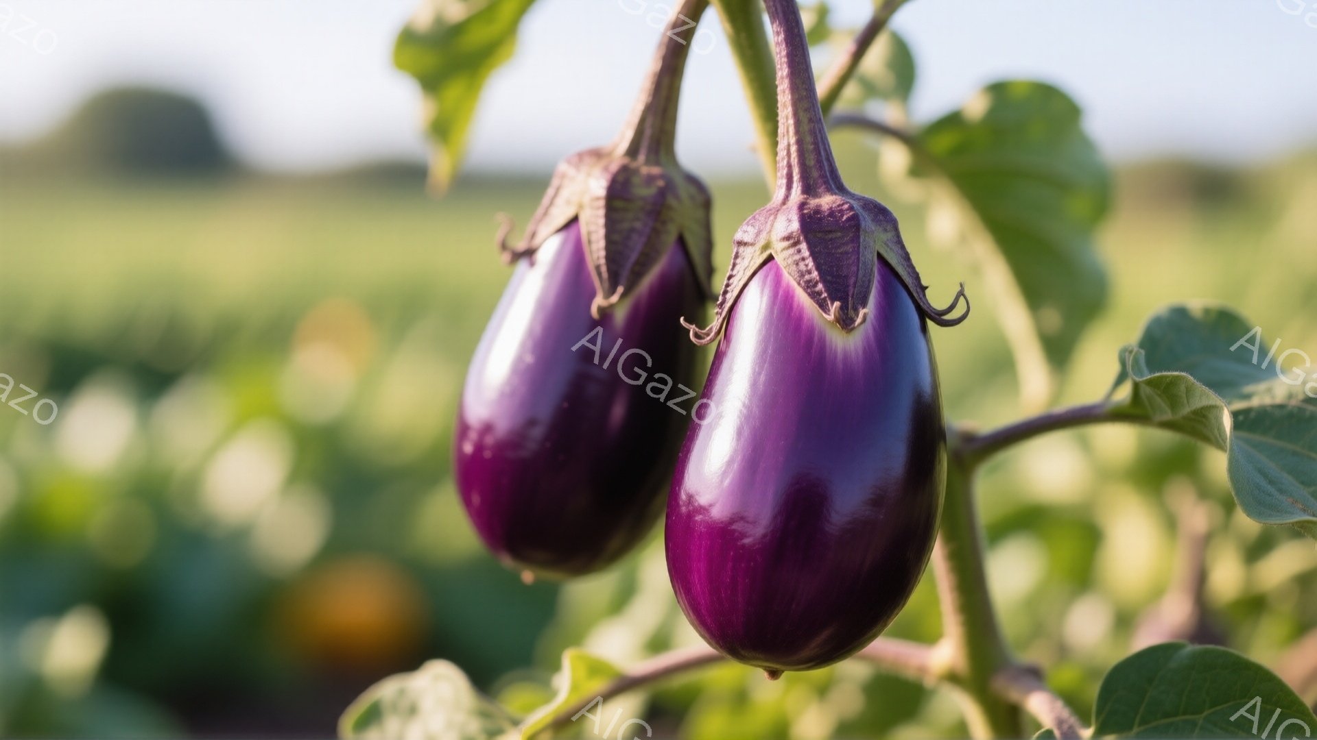 深い紫色をしたナスが二つ、緑の葉に囲まれてぶら下がっている。背景にはぼやけた畑が広がり、穏やかな日差しが全体を照らしている。自然の恵みが感じられる、静かで平和な雰囲気の写真である。 - AI生成フリー素材