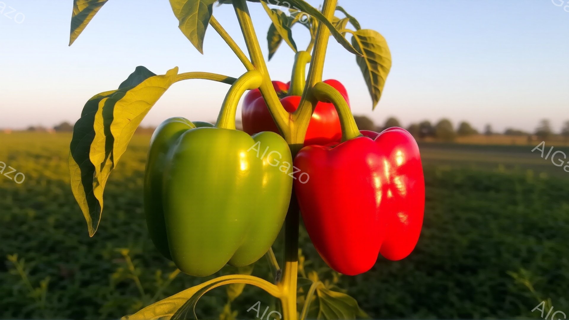 画像には、緑と赤のピーマンが茎に実っている様子が写っています。背景には緑豊かな畑が広がり、遠くには木々が見えます。空は明るい青色で、穏やかで自然な雰囲気が漂っています。 - AI生成フリー素材