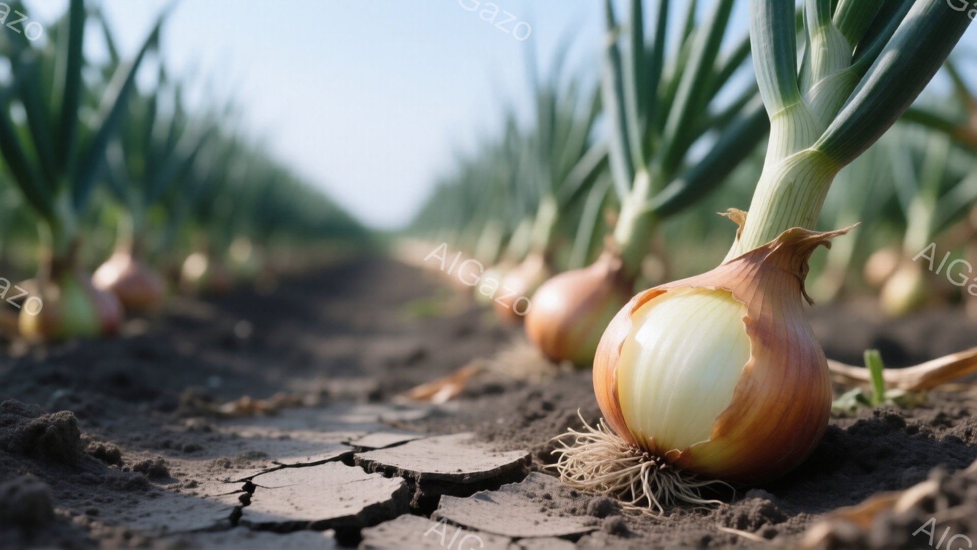 乾燥した土の上に玉ねぎが並んでおり、焦点の合わされた玉ねぎは白と茶色の色合いで、根がはっきりと見えます。土はひび割れ、遠くには玉ねぎ畑が広がり、収穫前の静かで乾燥した雰囲気が漂っています。背景は明るく - AI生成フリー素材