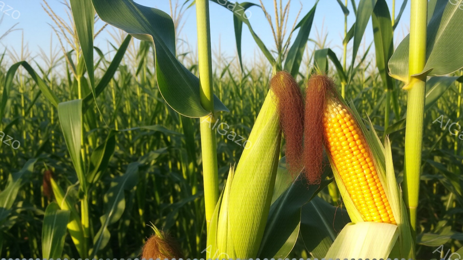 広大なトウモロコシ畑が広がり、鮮やかな緑色の葉が太陽の光を浴びています。手前のトウモロコシは葉が開いており、黄金色の粒が露出しています。青空と緑のコントラストが美しく、穏やかで豊かな収穫の季節を感じさせます。