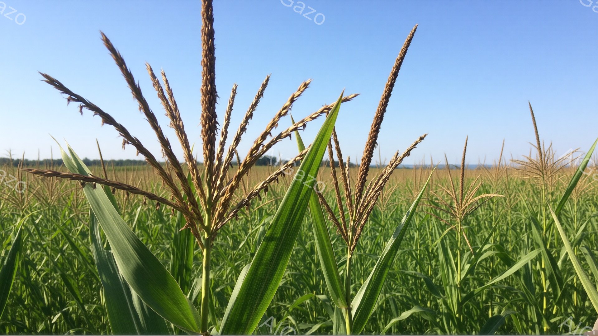広大なトウモロコシ畑が広がっており、緑色の葉が密集して生い茂っています。太陽光の下、茶色く乾燥した穂が葉の間から伸びており、青い空と遠くの地平線が背景に見えます。全体的に、夏の穏やかさと豊穣な自然を感じさせる、明るく鮮やかな光景です。