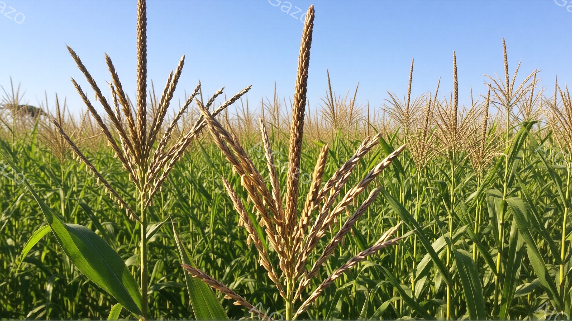 広大なトウモロコシ畑が写っており、緑色の葉と黄金色の穂が密集して広がっています。青空を背景に、穂は高く伸び、成熟したトウモロコシの豊かな実りを象徴しています。全体的に暖かく、夏の穏やかな日差しを感じさせる、のどかな雰囲気です。
