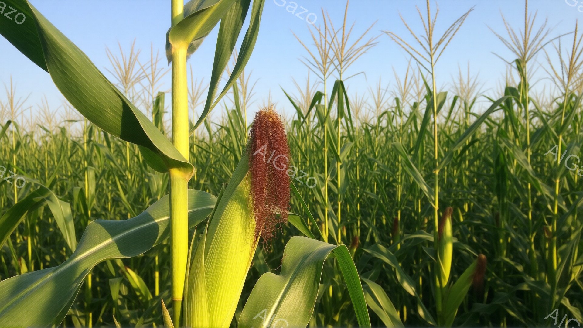 広大なトウモロコシ畑が広がっており、手前のトウモロコシは葉が緑豊かで、実が赤茶色でふっくらとしている。背景には、さらに多くのトウモロコシが密集しており、空は明るい青色で、晴れた日の穏やかな雰囲気が漂っている。全体的に、自然の恵みと成長を感じさせる、爽やかで心地よい光景である。