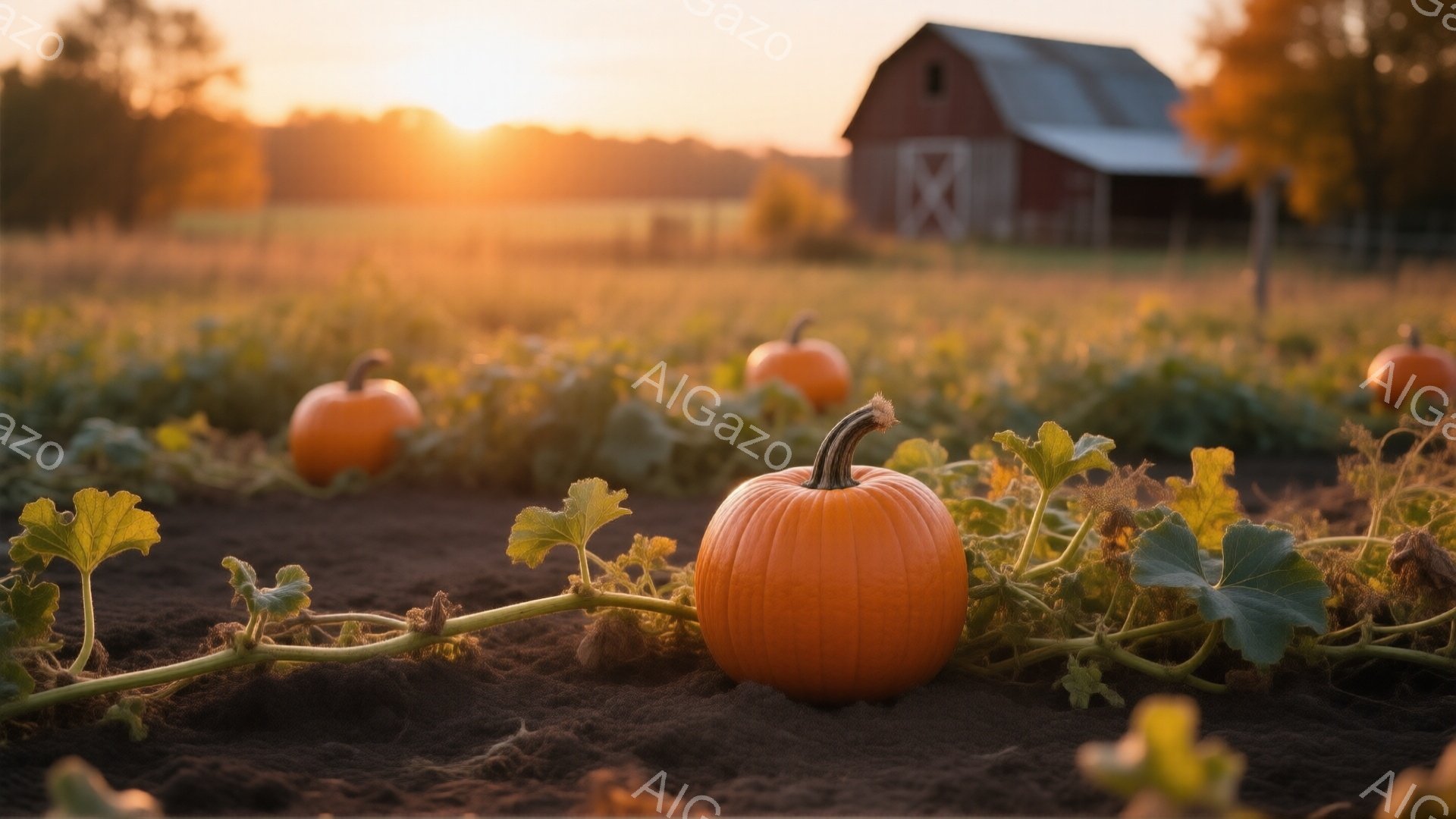 畑の土の上にオレンジ色のカボチャがいくつか並んでおり、緑のつるが土の上を這っている。背景には、夕焼けに照らされた赤い農家と、秋らしい自然の風景が広がっている。温かい色調と柔らかな光が、穏やかで秋らしい雰囲気を醸し出している。