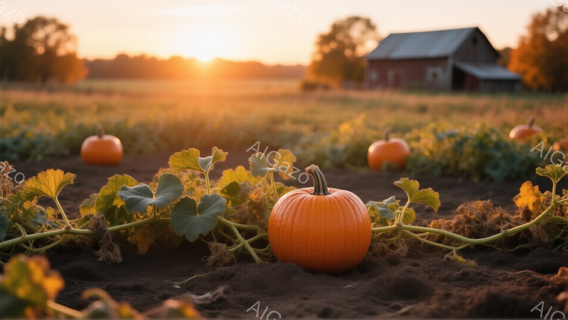 広大な畑にオレンジ色のカボチャが点在し、緑の葉とつるが地面を覆っています。背景には古い木造の建物が見え、夕焼けのオレンジ色と黄色が空を染め、温かく穏やかな雰囲気を醸し出しています。全体的に秋の収穫を連想させる、牧歌的な風景です。