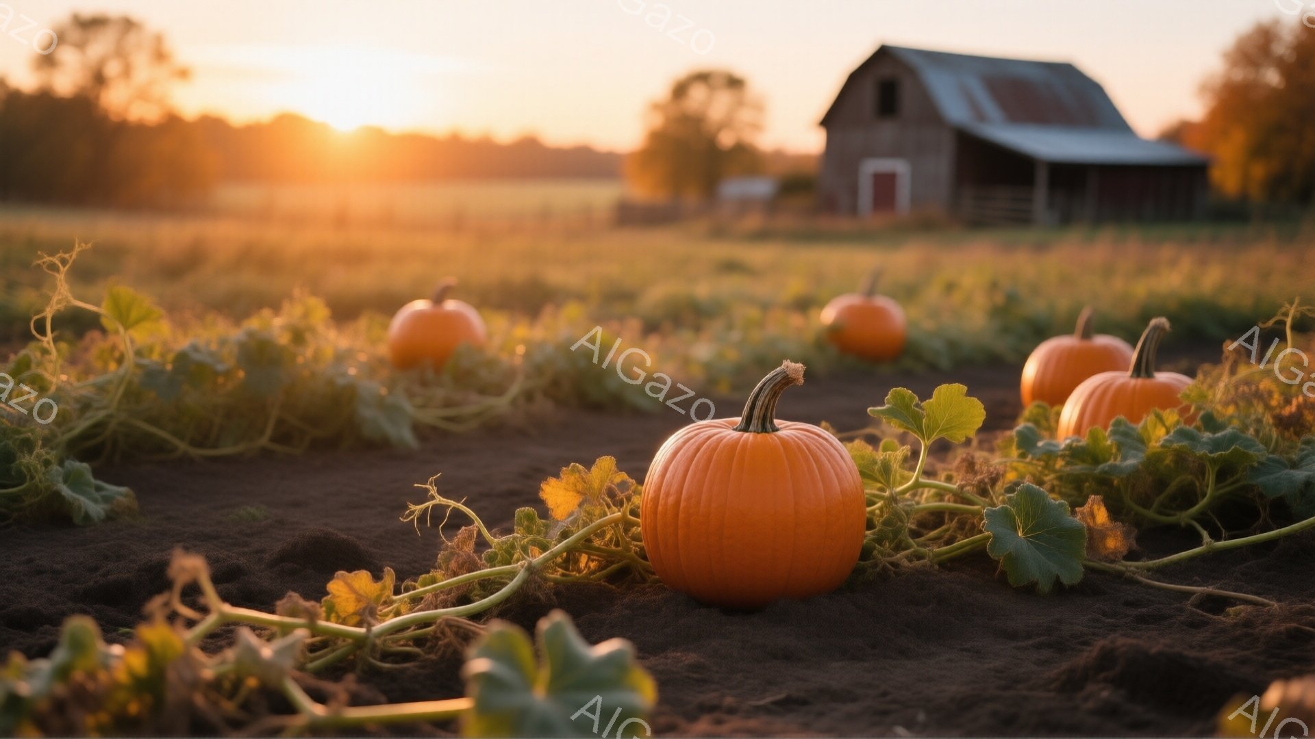 広大な畑にオレンジ色のカボチャがいくつか点在しており、緑色のつる植物が地面を覆っています。背景には、夕焼けに照らされた古い木造の納屋が見え、暖かく穏やかな雰囲気を醸し出しています。空はオレンジと黄色の - AI生成フリー素材