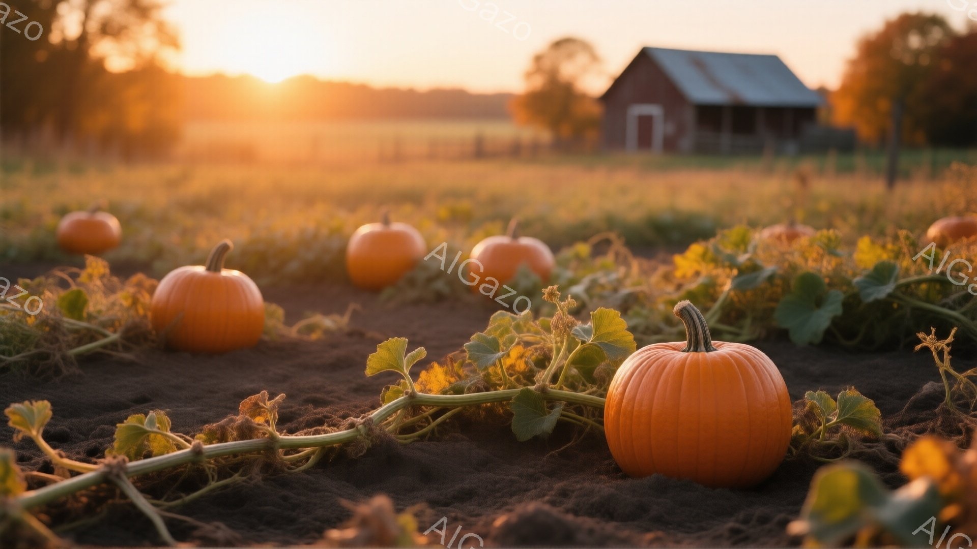広大な畑にオレンジ色のカボチャが点在し、絡み合うつるが地面を覆っています。背景には、夕焼けに照らされた農家のような建物が見え、温かい光が全体を包み込みます。秋の収穫を思わせる、穏やかで牧歌的な雰囲気です。