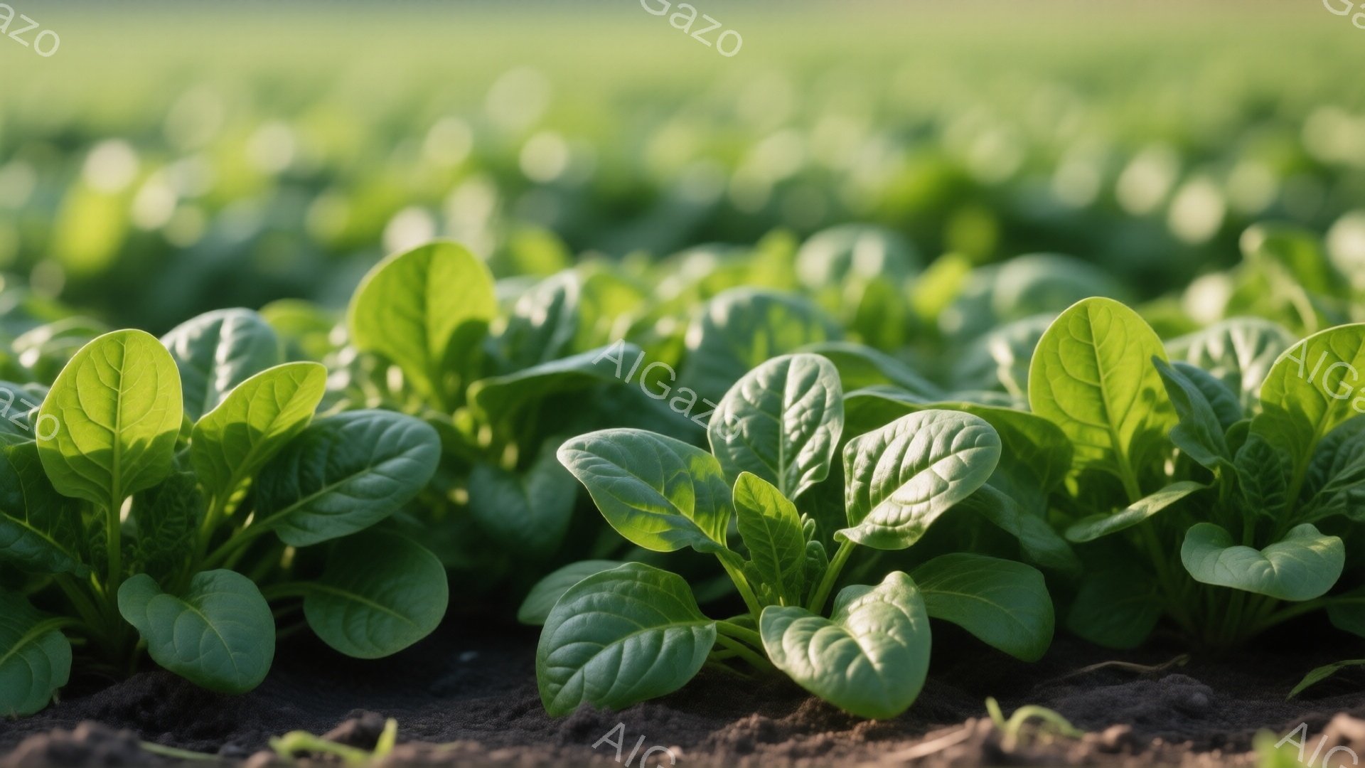 画像は、土壌の中で成長しているホウレンソウの葉の密集した列を捉えています。鮮やかな緑色の葉は、土の暗い色と見事にコントラストをなし、新しく、活気に満ちた印象を与えます。背景はぼやけており、光が柔らかく差し込み、全体的に穏やかで自然な雰囲気を作り出しています。