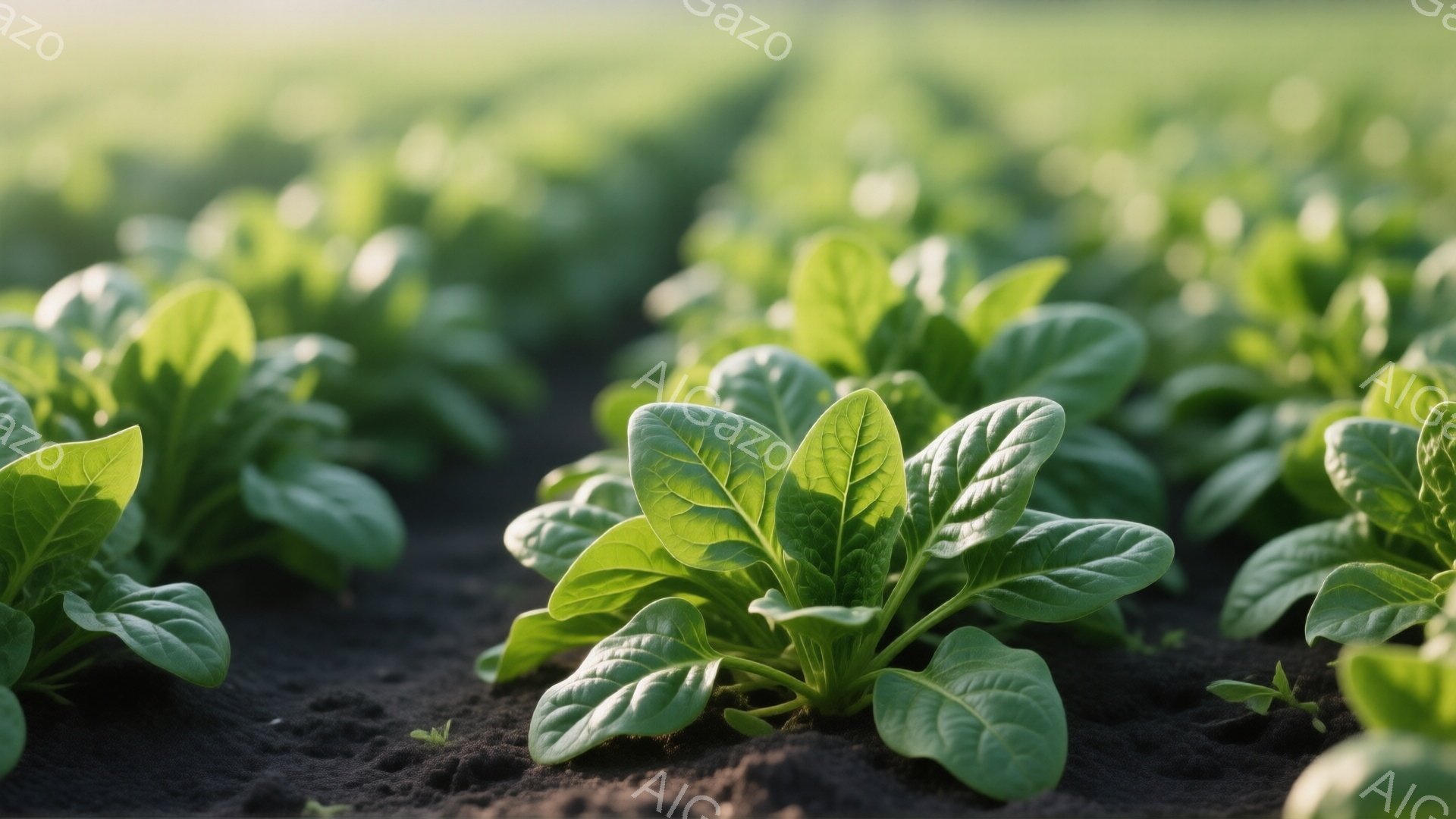 畑に生い茂るホウレンソウの葉が、画面いっぱいに広がっている。土は黒く、葉の鮮やかな緑色が際立っている。背景はぼやけており、明るい光が差し込んでおり、作物の成長を優しく照らしているように見える。