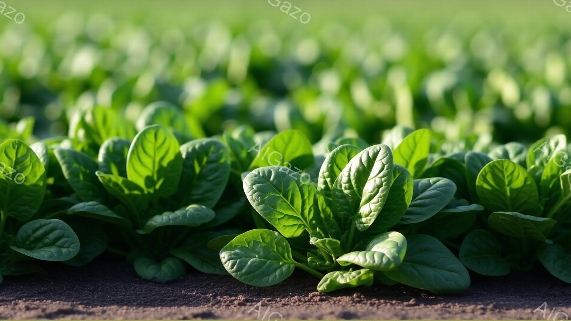 鮮やかな緑色のホウレンソウが整然と畑に植えられています。葉はみずみずしく、光沢があり、土と緑のコントラストが美しいです。背景はぼやけており、広大な畑が広がっていることを示唆しています。