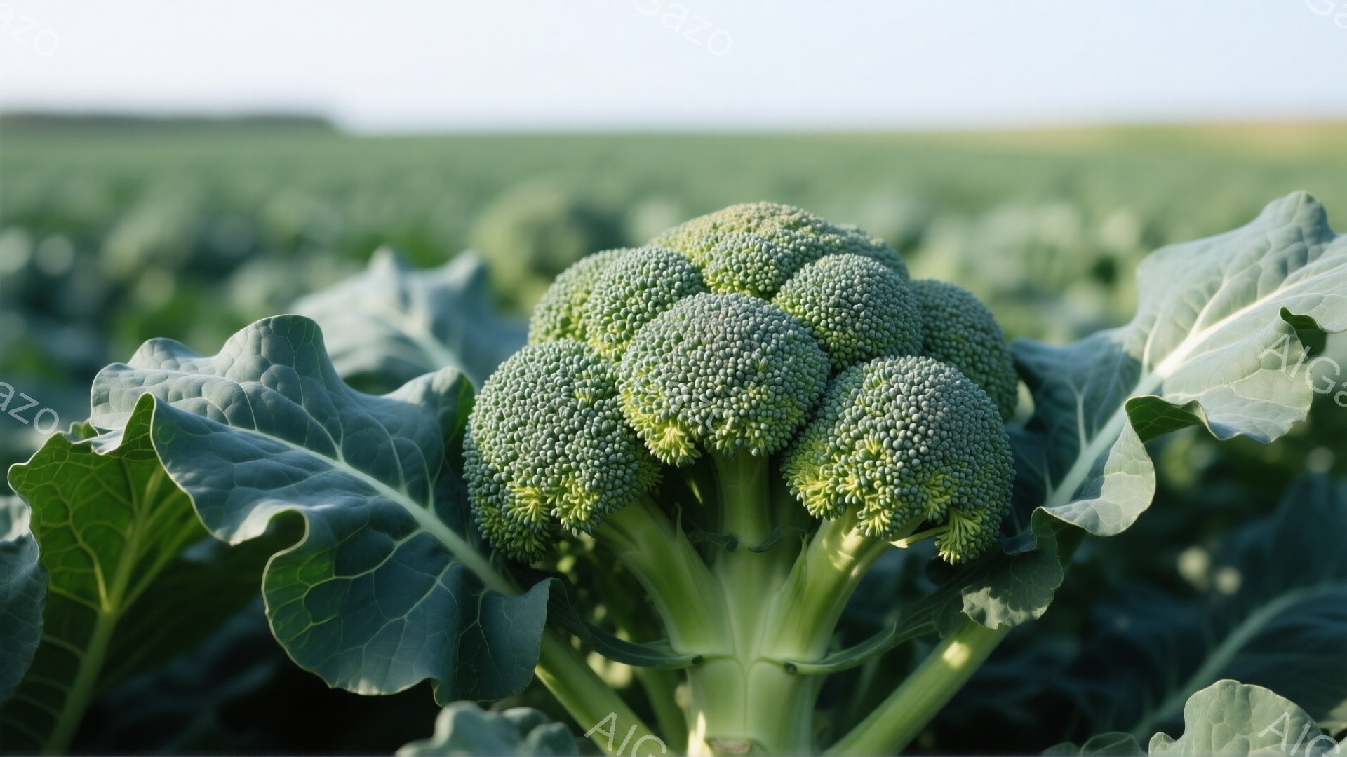鮮やかな緑色のブロッコリーが画面中央に大きくクローズアップされています。背景には、広大な畑が広がり、遠くには地平線が見えます。全体的に、自然の恵みを感じさせる、爽やかで健康的な雰囲気が漂っています。 - AI生成フリー素材