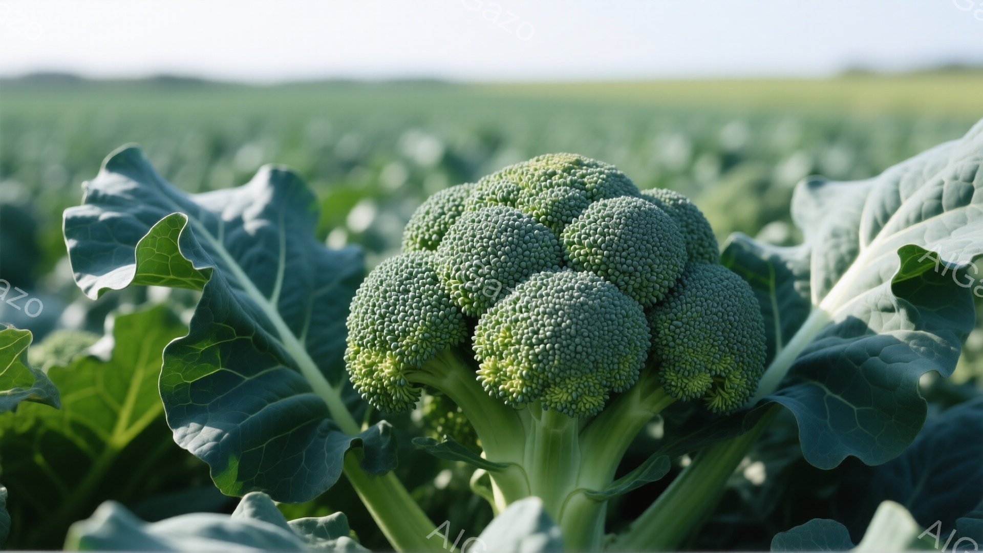鮮やかな緑色のブロッコリーが画面中央に大きく写っており、その周りには濃い緑の葉が広がっている。背景は広大な緑色の畑で、ぼんやりと遠くの景色が見える穏やかな晴天の日である。全体的に、健康的で自然な雰囲気が漂う、生命力に満ちたイメージである。