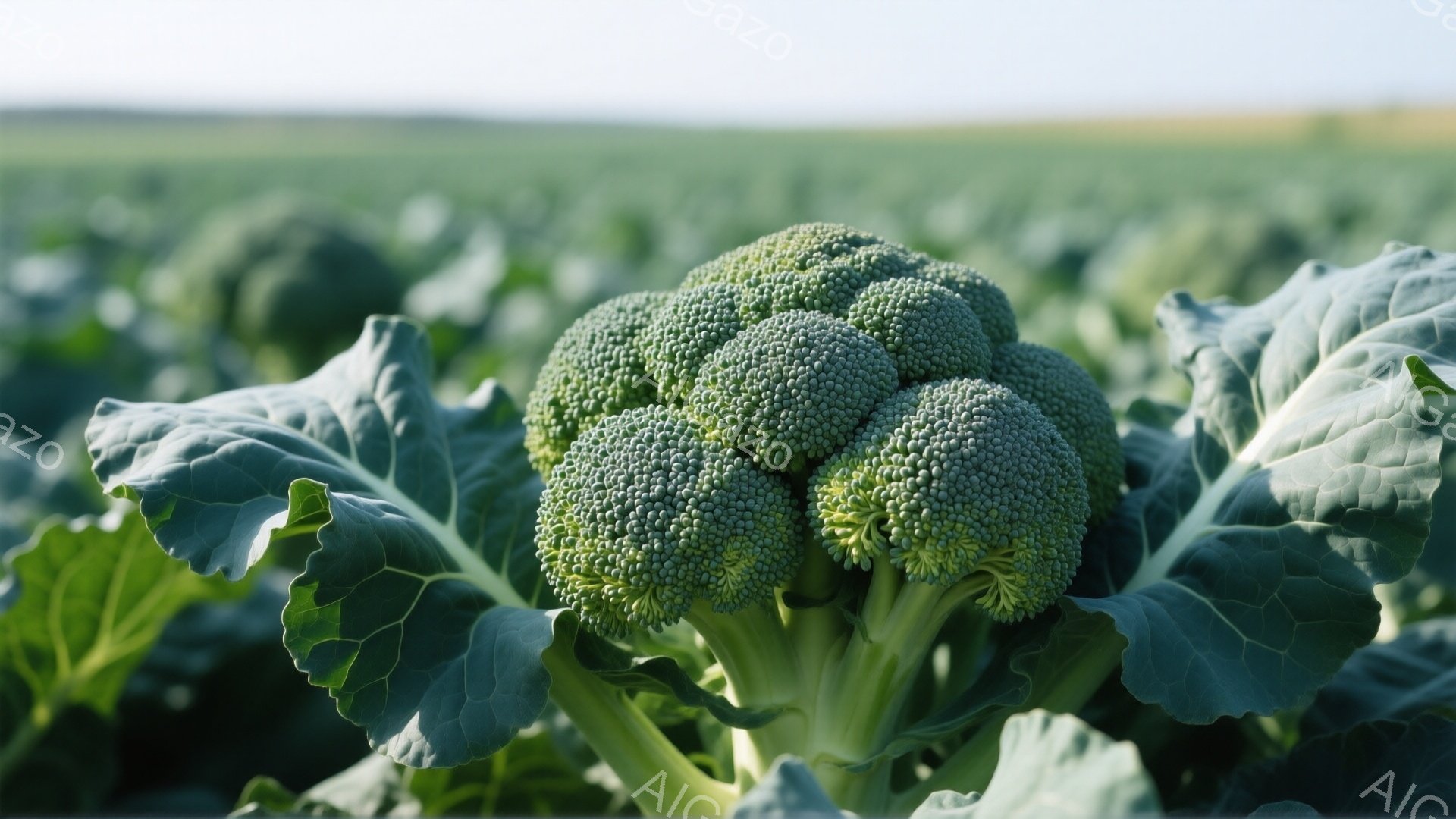 鮮やかな緑色のブロッコリーが中央に大きく配置され、その周りには同様のブロッコリーの畑が広がっています。ブロッコリーの葉は力強く広がり、瑞々しい緑色が目に飛び込んできます。背景は広大な畑で、遠くにはぼん - AI生成フリー素材