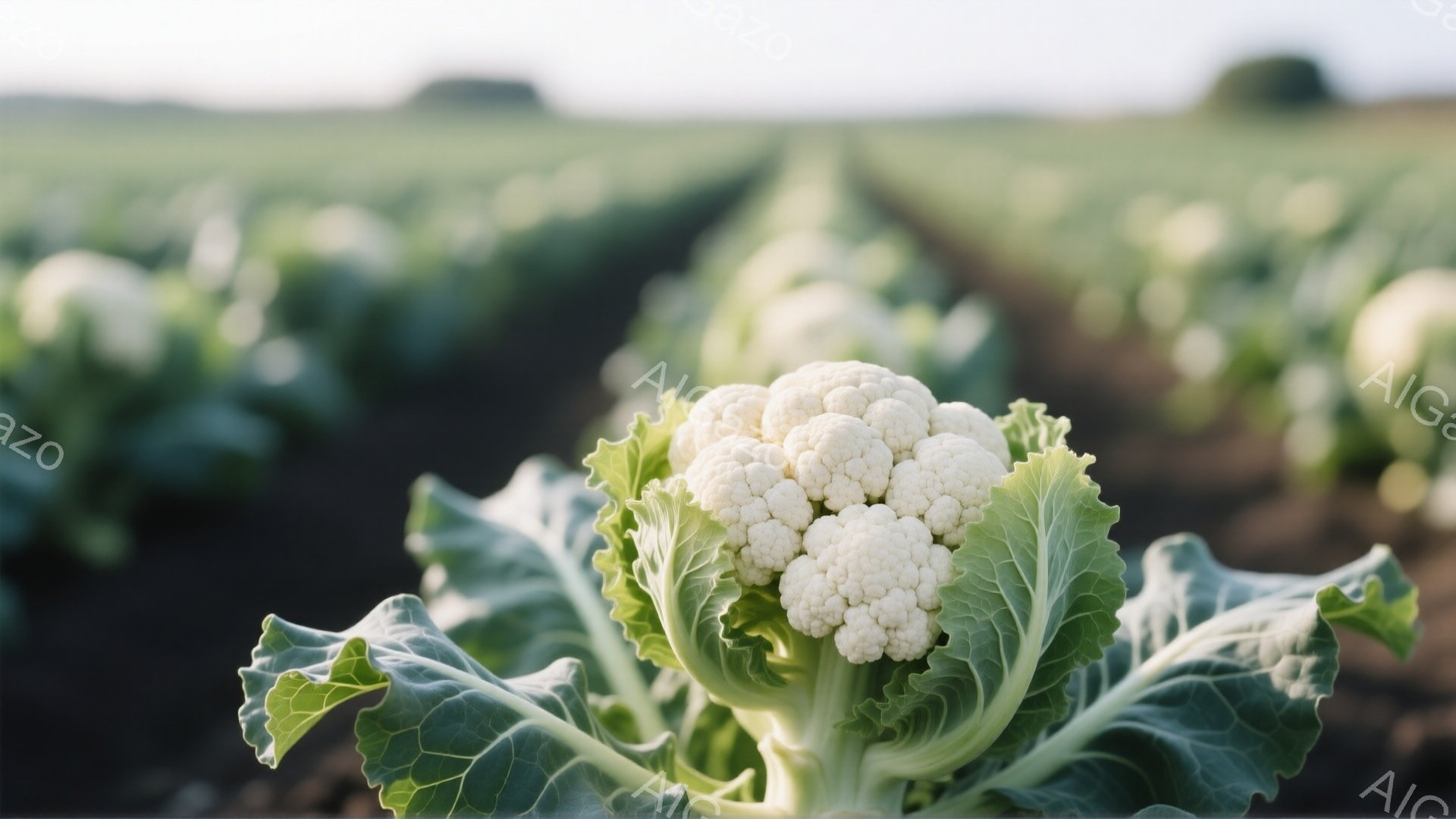 白いカリフラワーが焦点に当てられ、緑色の葉に囲まれています。背景には、整然と並んだカリフラワー畑が広がり、柔らかい光が全体を照らしています。畑は広大で、穏やかな田園風景が広がっています。 - AI生成フリー素材