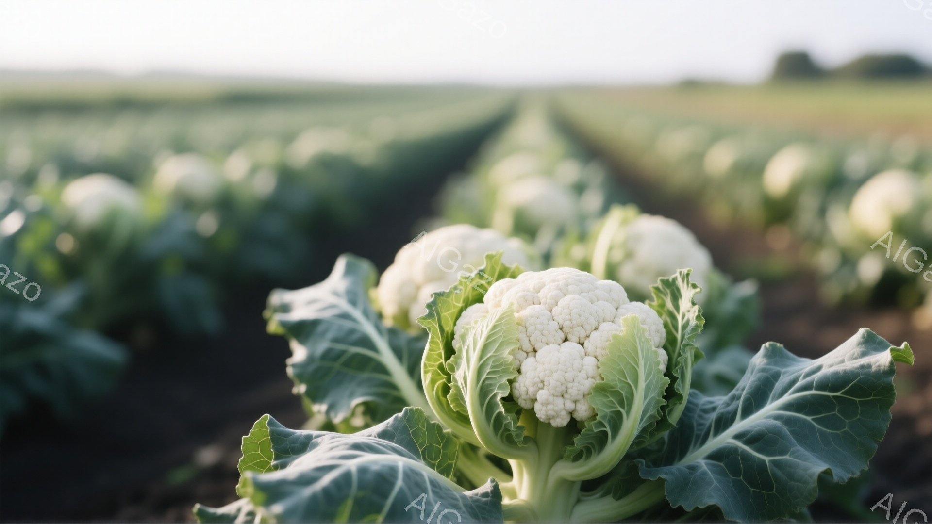 白いカリフラワーが畑の中で際立って見えます。緑色の葉がカリフラワーの周りを囲み、背景には他のカリフラワーが規則的に並んだ畑が広がっています。穏やかな光が差し込み、全体的に静かで平和な雰囲気を醸し出して - AI生成フリー素材