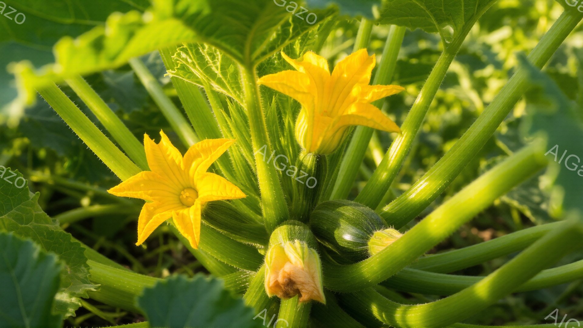 緑豊かな植物の間に、鮮やかな黄色のズッキーニの花が咲き誇っています。背景には他の緑の葉が広がり、太陽の光が差し込んで明るい雰囲気を醸し出しています。未開花の花蕾も確認でき、植物の成長と生命力を感じさせ - AI生成フリー素材