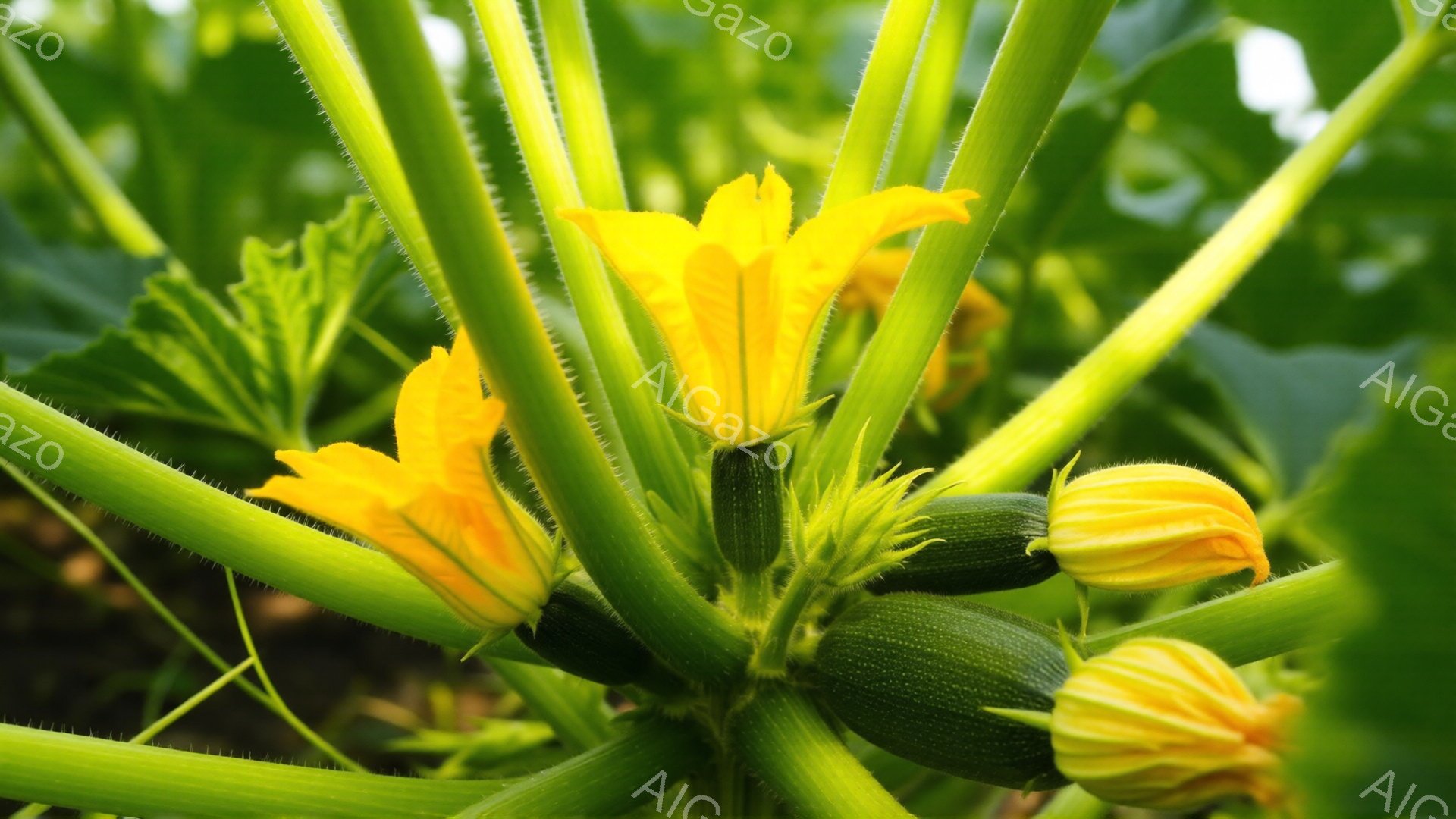 画像は、緑色の茎と葉に囲まれた、黄色いカボチャの花と若いカボチャの様子を捉えています。花は鮮やかで開花しており、その周りには緑色の小さなカボチャがいくつか見られます。背景は緑豊かな植物で覆われており、全体的に生命力にあふれ、夏の庭の様子を表しています。