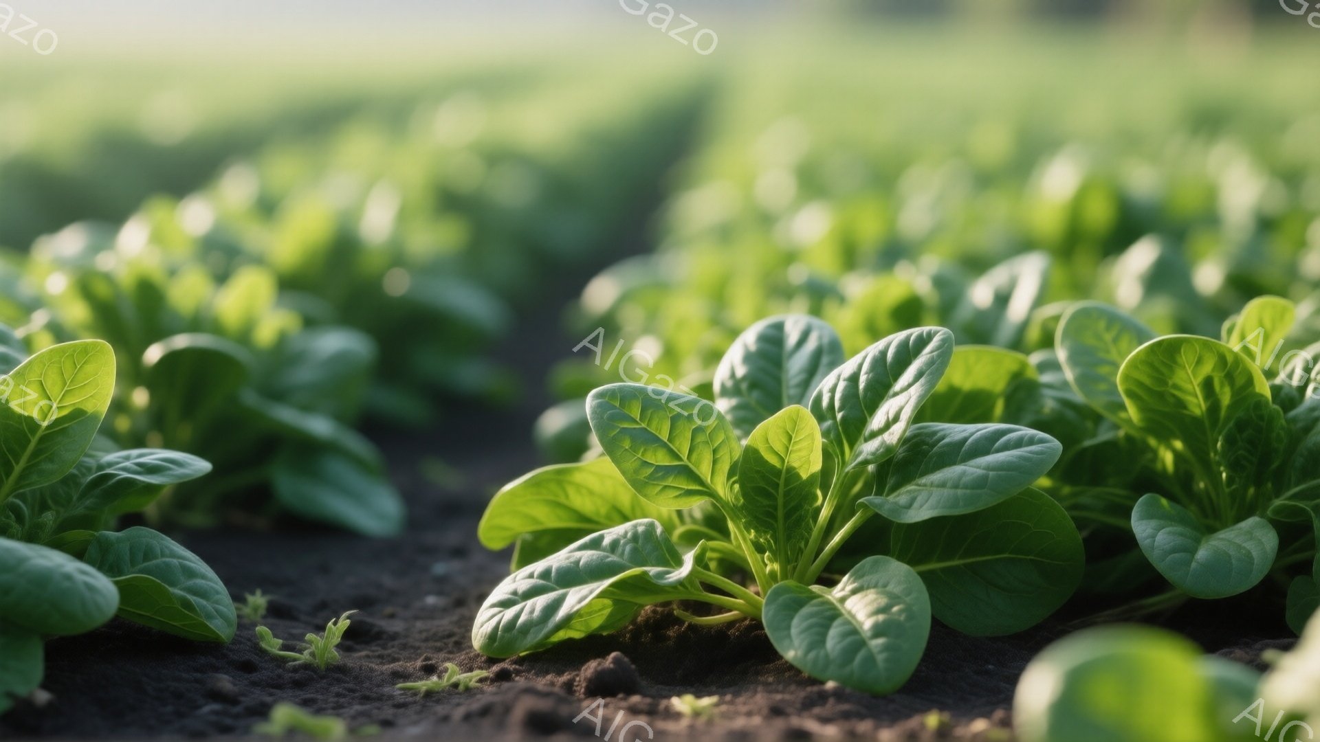 鮮やかな緑色の葉野菜が、暗い土壌から生えているクローズアップ写真です。背景はぼやけており、葉野菜が前景に強くフォーカスされています。全体的に、自然の生命力と新鮮さを感じさせる、穏やかで静かな雰囲気です。