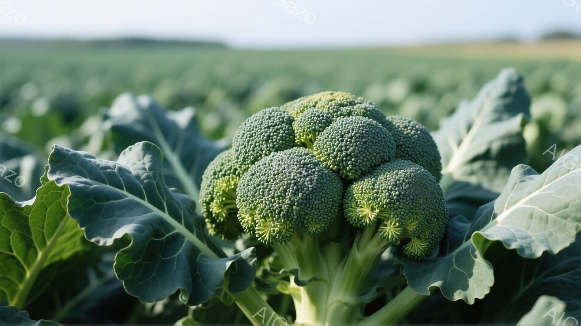 鮮やかな緑色のブロッコリーが画面いっぱいに広がっており、葉っぱの繊細な模様が際立っている。背景には、同じブロッコリー畑が広がり、穏やかな日差しと青空が広がっている。全体的に、新鮮で健康的なイメージを与える写真である。