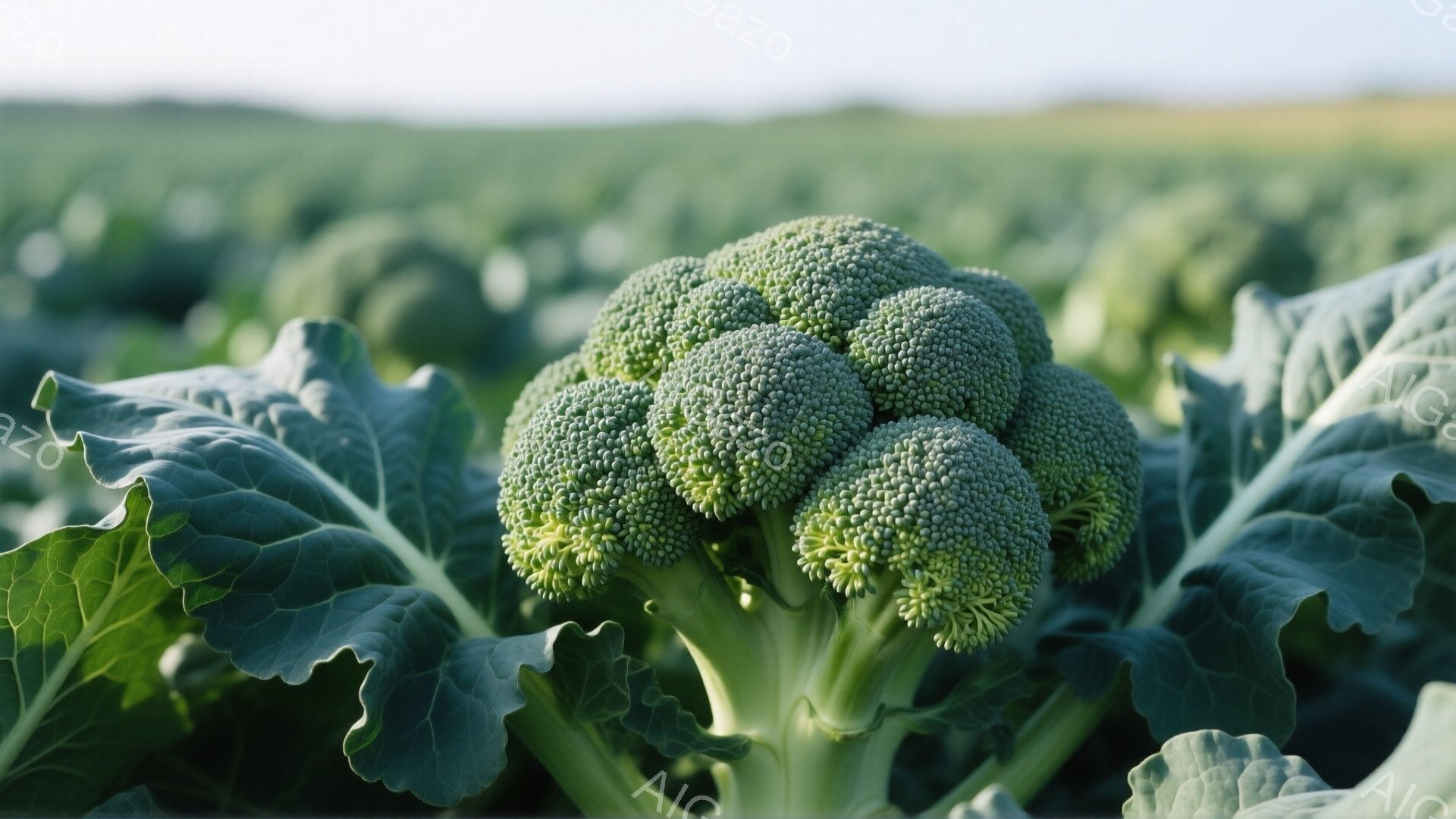 鮮やかな緑色のブロッコリーが画面いっぱいに広がっており、葉は力強く広がり、密集した花蕾が特徴的です。背景にはぼやけた緑色の畑が広がり、穏やかな光が全体を包み込んでいます。自然の恵みを感じさせる、健康的で爽やかな雰囲気の写真です。
