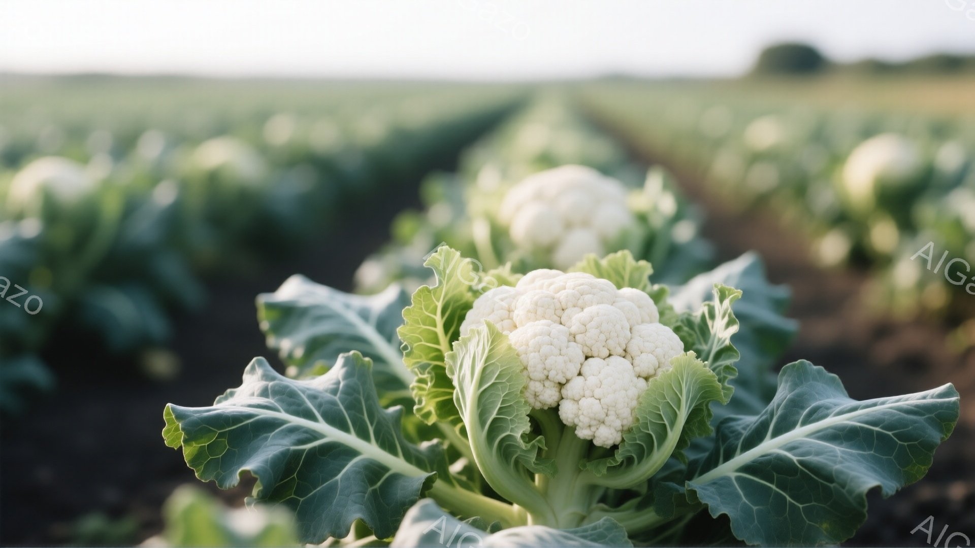 鮮やかな緑の葉に囲まれた白いカリフラワーが、畑の中でクローズアップされている。背景には、整然と並んだカリフラワーの列が広がり、遠くにはぼんやりとした緑の風景が広がっている。全体的に暖かく穏やかな雰囲気 - AI生成フリー素材