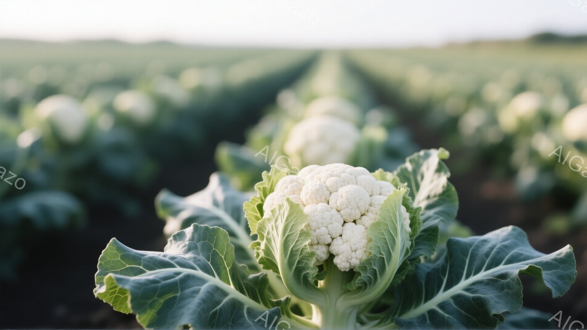 広大な畑で、白くて丸いカリフラワーが焦点に当てられています。周囲には緑色の葉が広がり、背景には等間隔に並んだカリフラワーの列が、かすかに霞んで見えます。全体的に明るく穏やかな雰囲気で、豊かな収穫を予感 - AI生成フリー素材