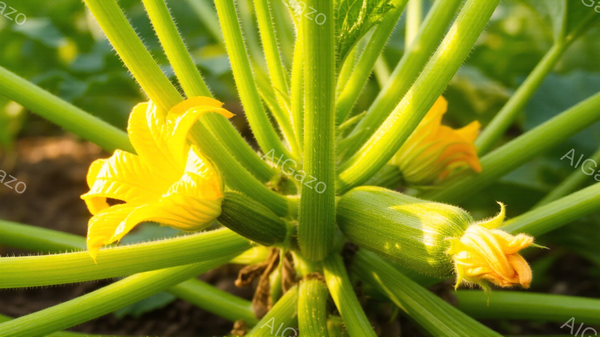 明るい日差しの中で、ズッキーニの花が咲き誇っています。緑色の茎が密集し、その間に鮮やかな黄色の花が点在し、生命力に満ちた様子が伺えます。土の地面が背景に広がり、植物の自然な成長を強調しています。