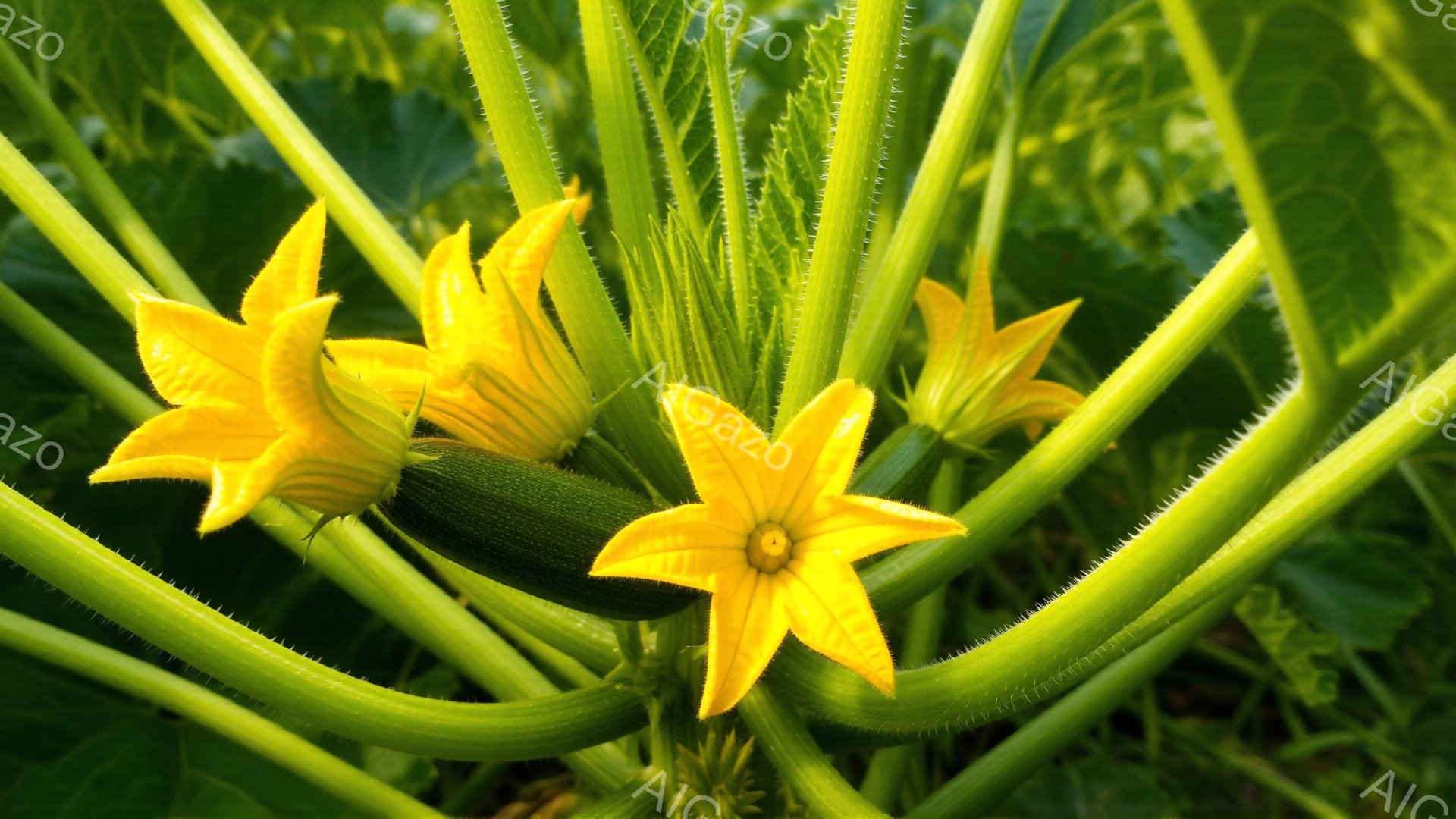 鮮やかな黄色のカボチャの花が、緑色の茎と葉に囲まれて咲き誇っています。まだ小さな緑色の実が花の下にぶら下がっており、植物の成長の初期段階を示しています。背景は緑豊かで、強い日差しが当たっていることがわかります。