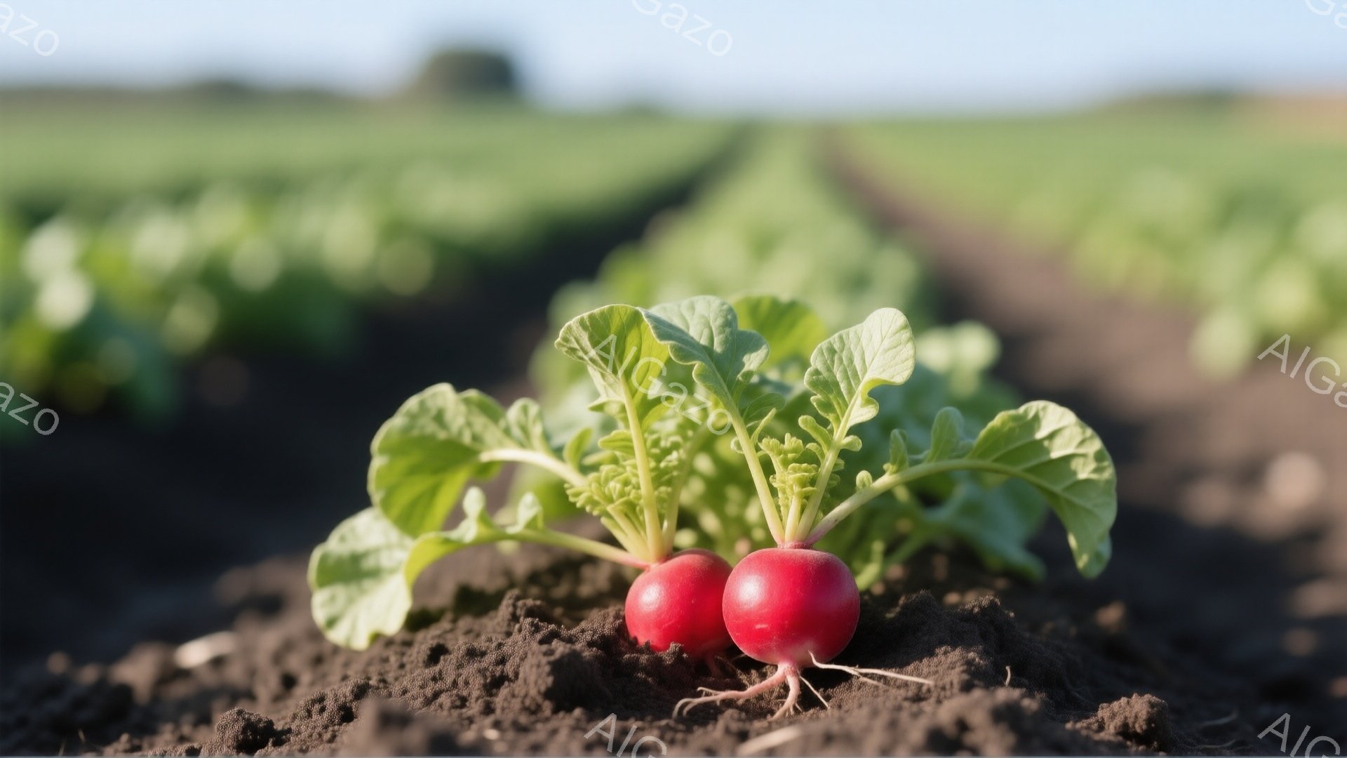 赤くて丸い大根が土の中から顔を出しており、緑色の葉が鮮やかに広がっている。背景には整然と並んだ畑が広がり、遠くには薄い霞がかかった風景が見える。全体的に暖かく、収穫の喜びを感じさせる、穏やかな雰囲気である。