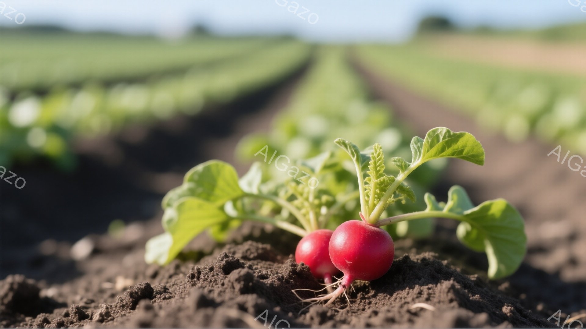 赤く丸い大根が土の中から生えている様子が捉えられています。鮮やかな緑色の葉が、土から顔を出す大根の赤色を際立たせています。背景には、整然と並んだ大根畑が広がり、晴れた日の農村風景が広がっています。