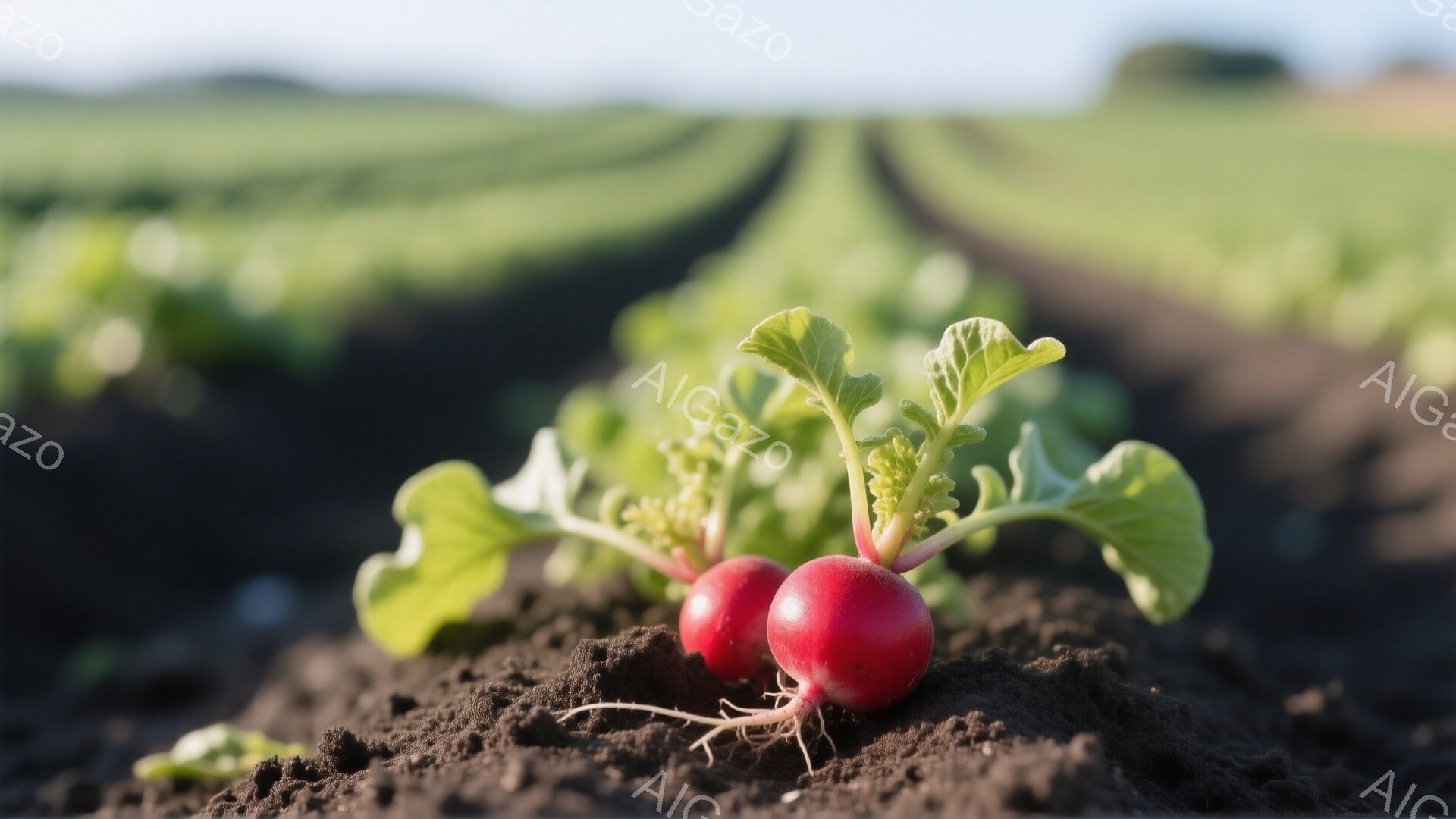 赤く丸い大根が土の中から顔を出し、緑色の葉が広がっている。背景には、整然と並んだ大根畑が広がり、遠くには緑豊かな畑が続く穏やかな風景が広がっている。土の色は濃く、大根の鮮やかな赤色が際立っており、収穫の喜びを感じさせる温かい雰囲気である。