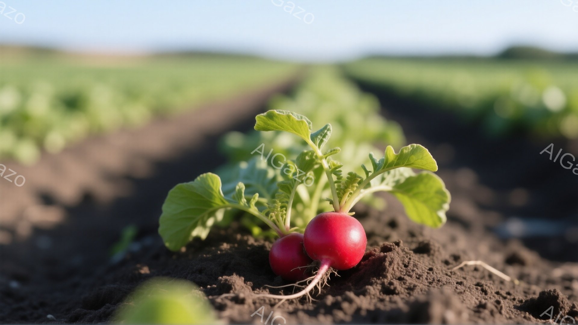 赤く丸い大根が土の中から顔を出しているクローズアップ写真です。緑の葉が生き生きと茂り、背景には畝が連なる畑が広がっています。全体的に暖かく、新鮮な収穫を予感させる雰囲気です。